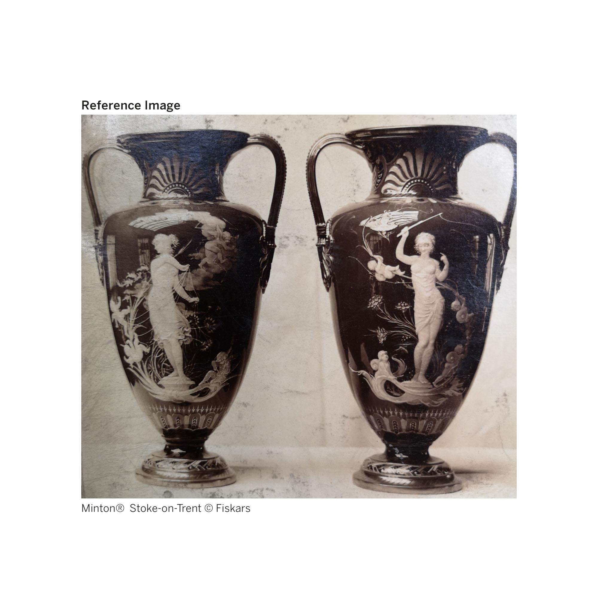 Pr. Mintons Pâte-sur-pâte Blue-Ground Vases, 'Too Fast' & 'Too Slow', L. Solon 12
