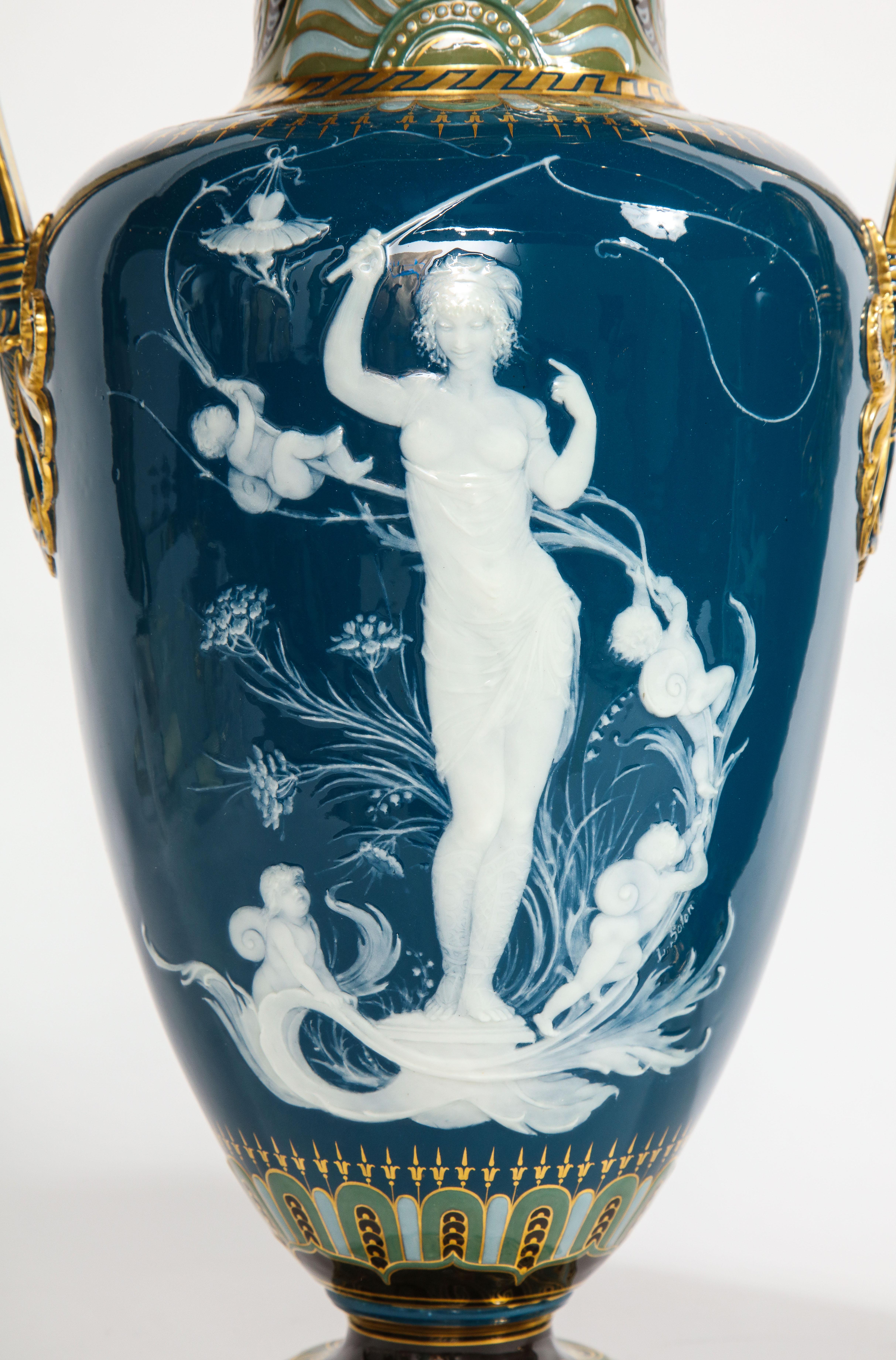 Hand-Carved Pr. Mintons Pâte-sur-pâte Blue-Ground Vases, 'Too Fast' & 'Too Slow', L. Solon