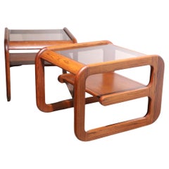 Pr. Mod Oak and Glass  Lou Hodges Lane  Side End Tables  c. 1970's