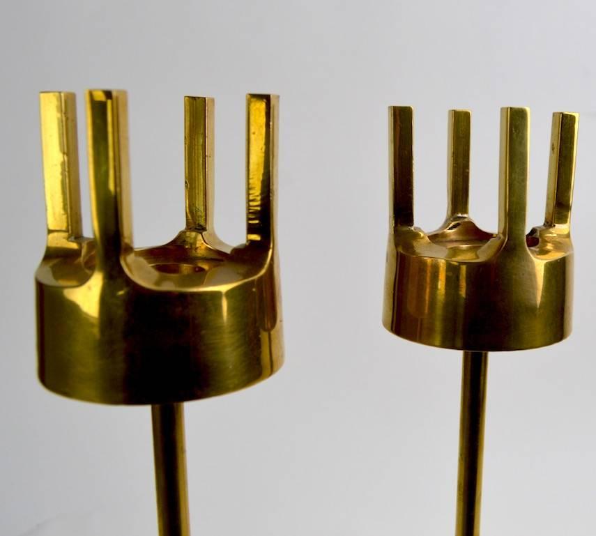 Scandinavian Modern Pair of Modernist Brass Candlesticks in the Style of Pierre Forsell for Skultuna