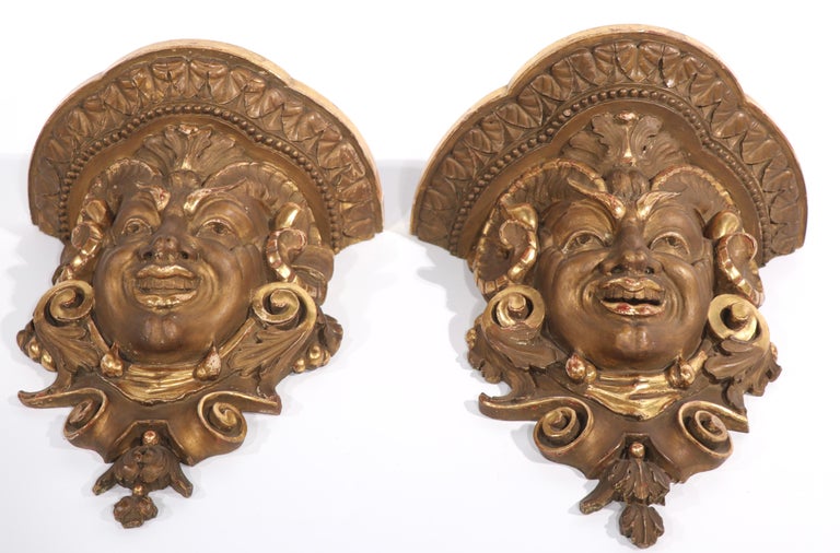 Pr. Mythological Carved Gilt Wood Wall Shelf Brackets In Good Condition For Sale In New York, NY