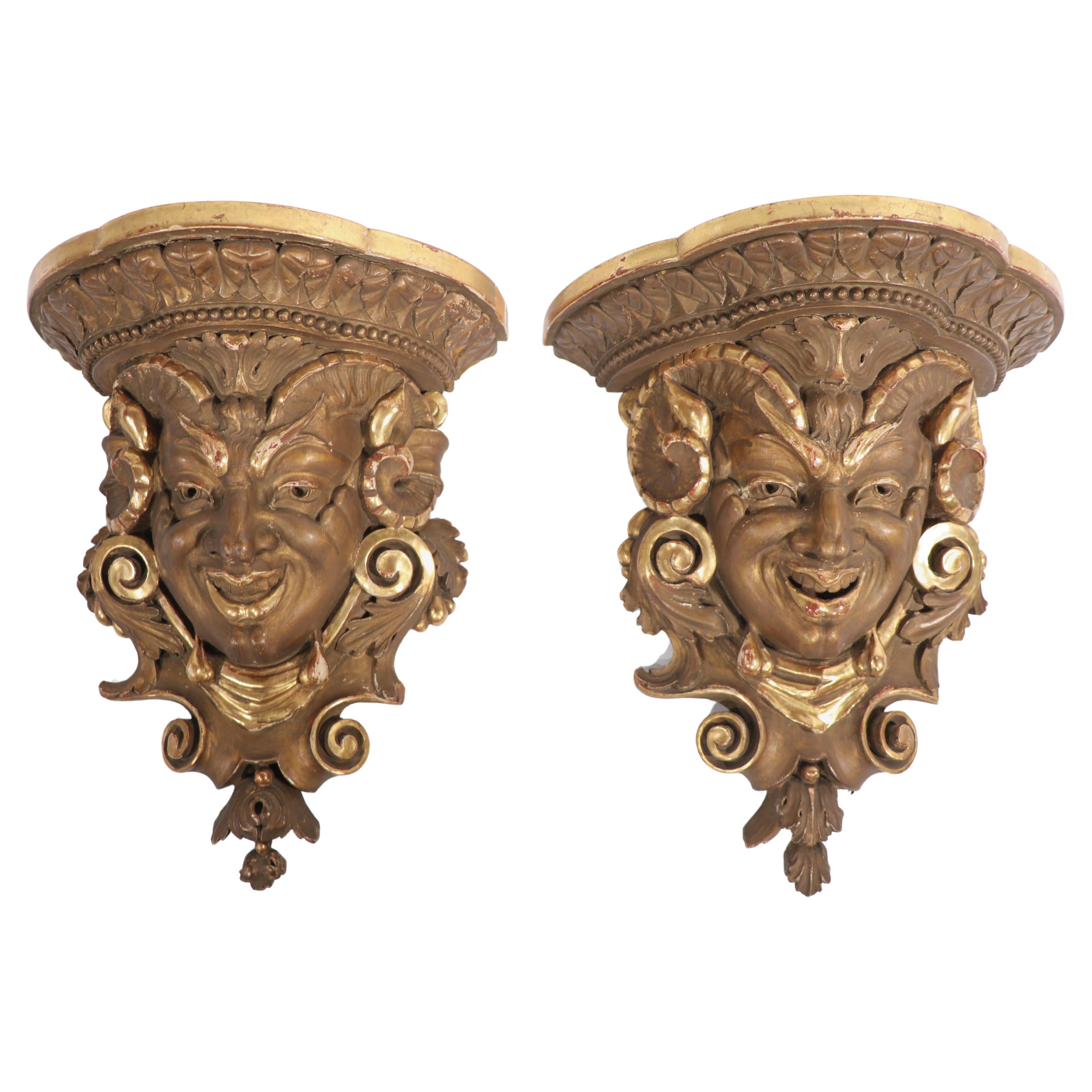 Pr. Mythological Carved Gilt Wood Wall Shelf Brackets