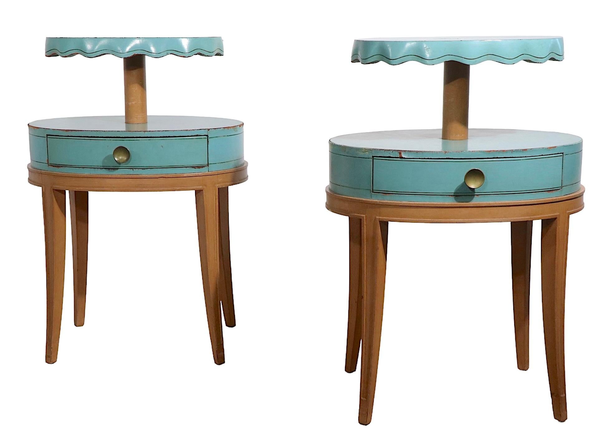 Pr. Night Stand End, Side Tables by Grosfeld House in Blue Leather and Wood 6