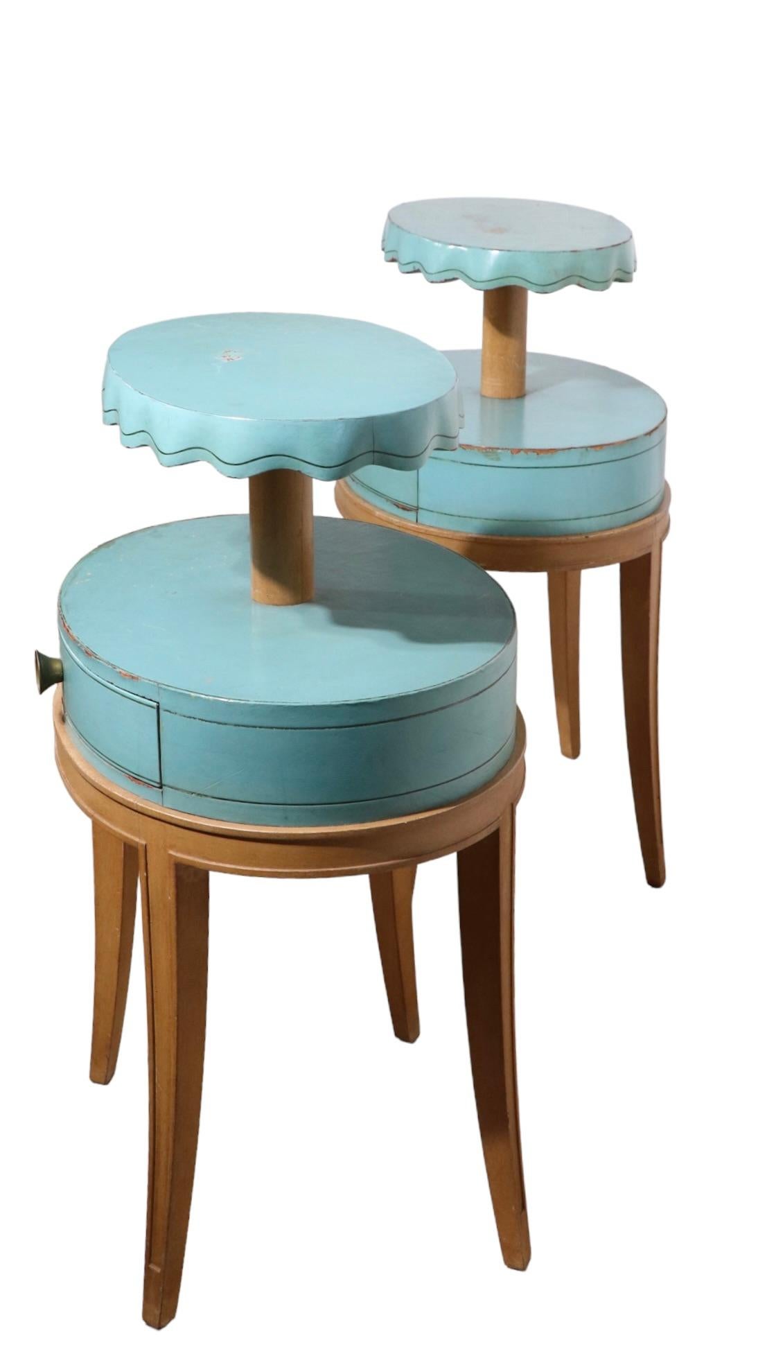Pr. Night Stand End, Side Tables by Grosfeld House in Blue Leather and Wood For Sale 7