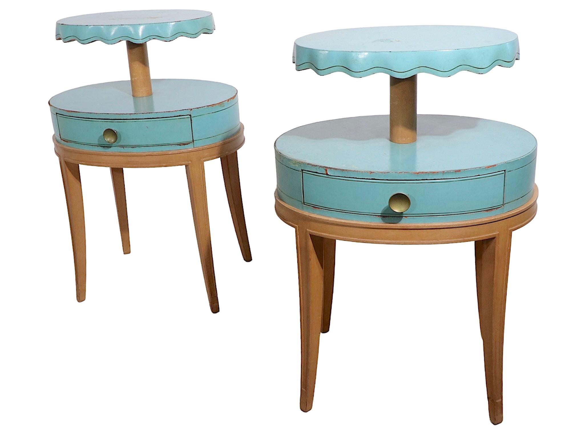 Pr. Night Stand End, Side Tables by Grosfeld House in Blue Leather and Wood For Sale 9