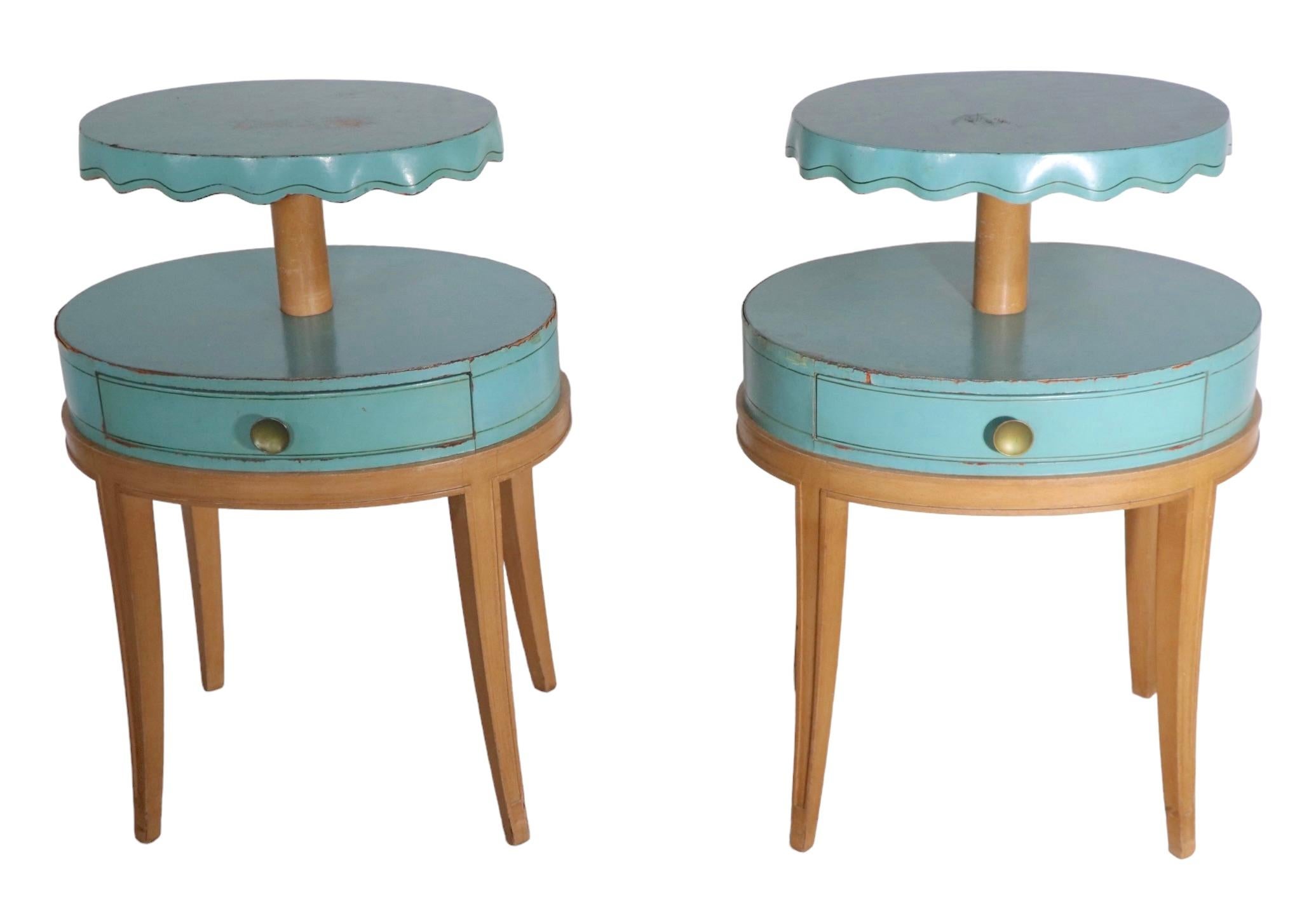 Pr. Night Stand End, Side Tables by Grosfeld House in Blue Leather and Wood For Sale 12