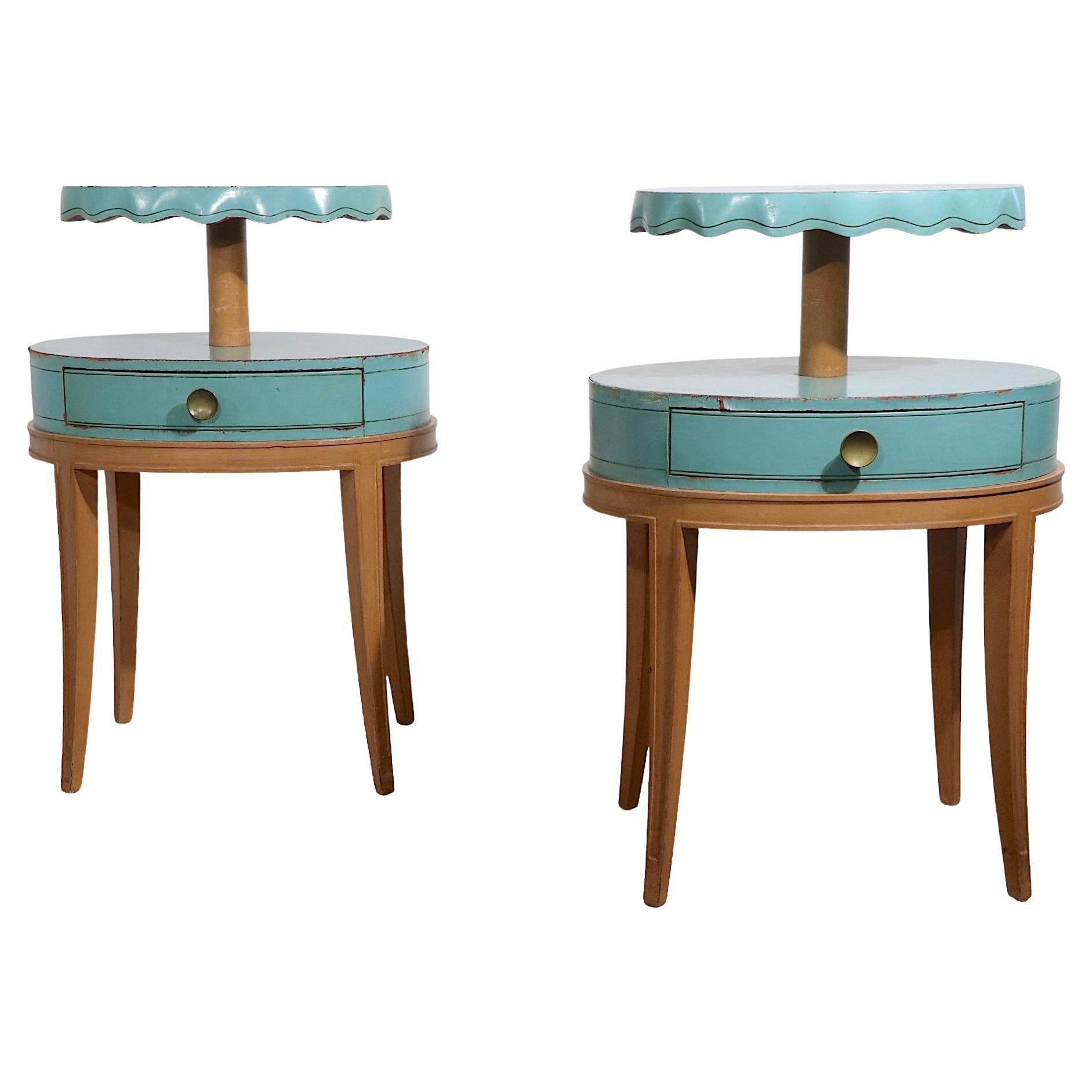 Pr. Night Stand End, Side Tables by Grosfeld House in Blue Leather and Wood For Sale
