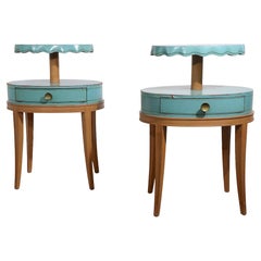 Pr. Night Stand End, Side Tables by Grosfeld House in Blue Leather and Wood