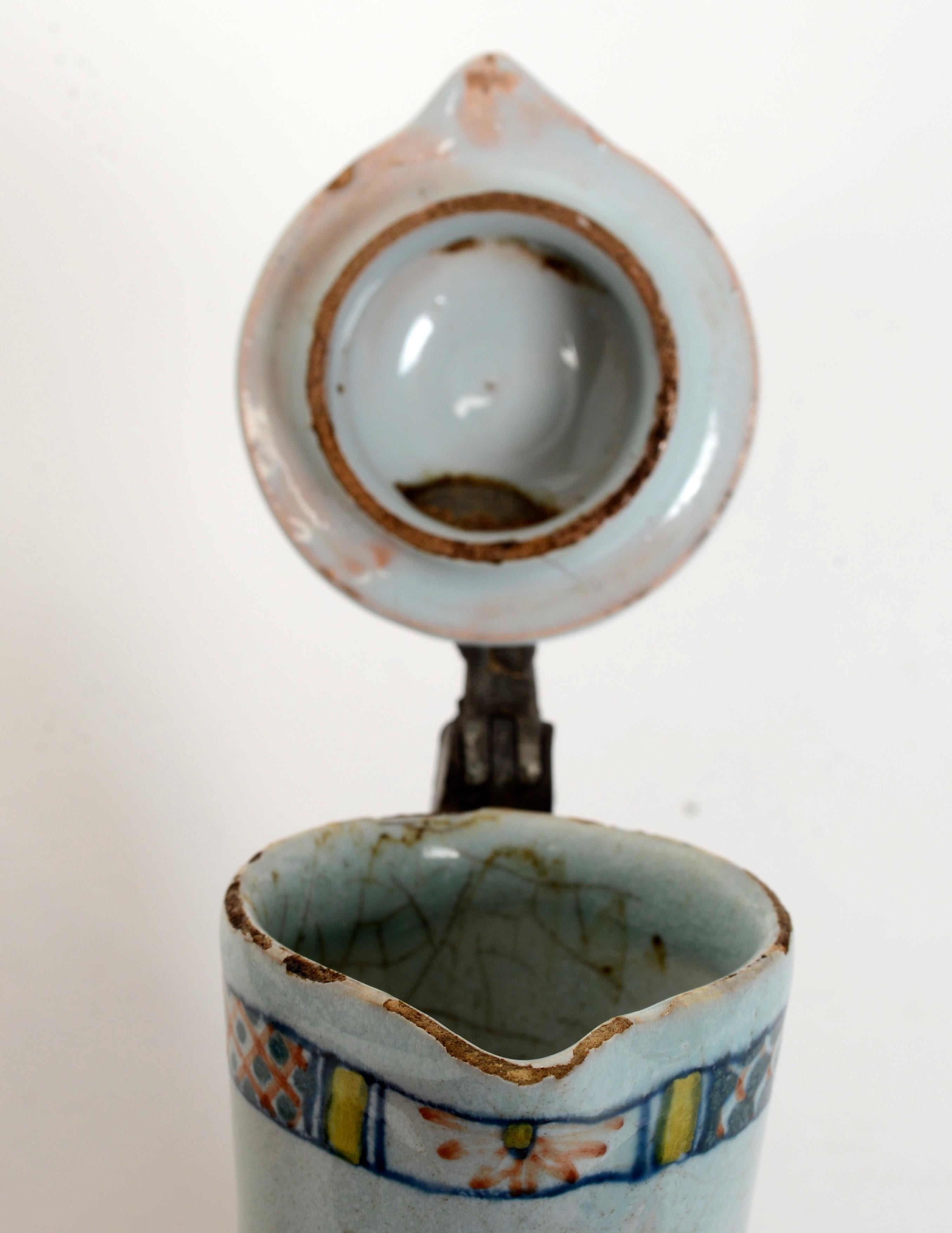 Pr of 19th c French Faience Poly-Chrome Painted Small Pitchers With Hinged Lids For Sale 4