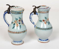 Pr of 19th c French Faience Poly-Chrome Painted Small Pitchers With Hinged Lids