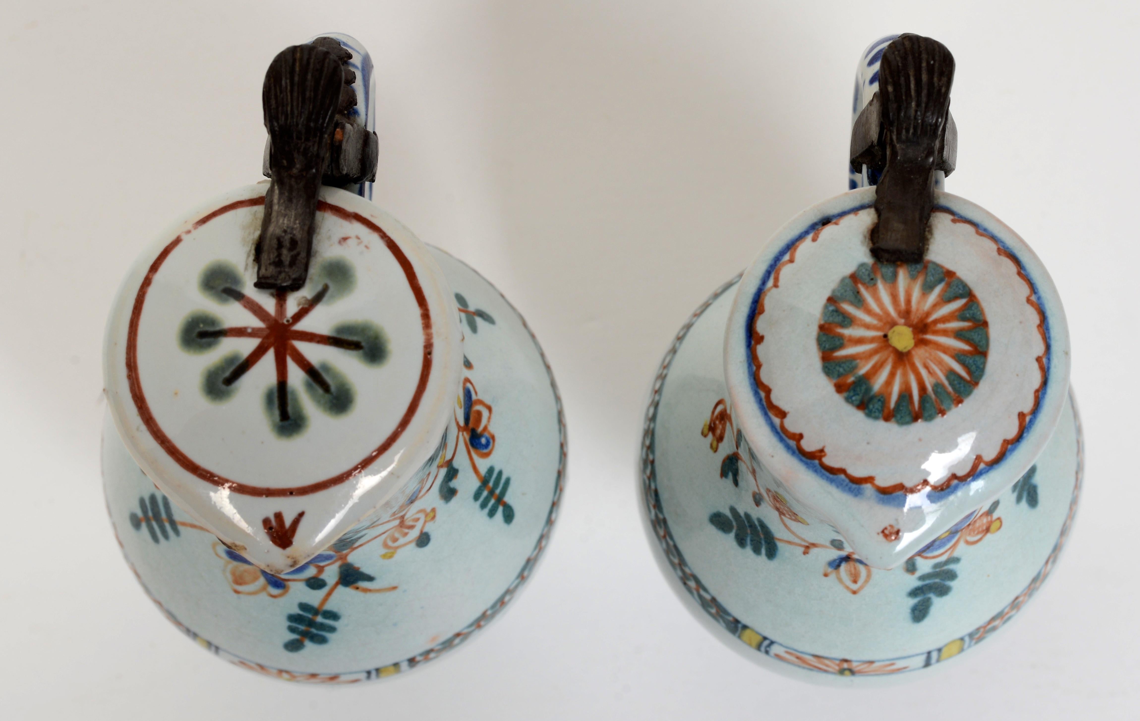 19th Century Pr of 19th c French Faience Poly-Chrome Painted Small Pitchers With Hinged Lids For Sale