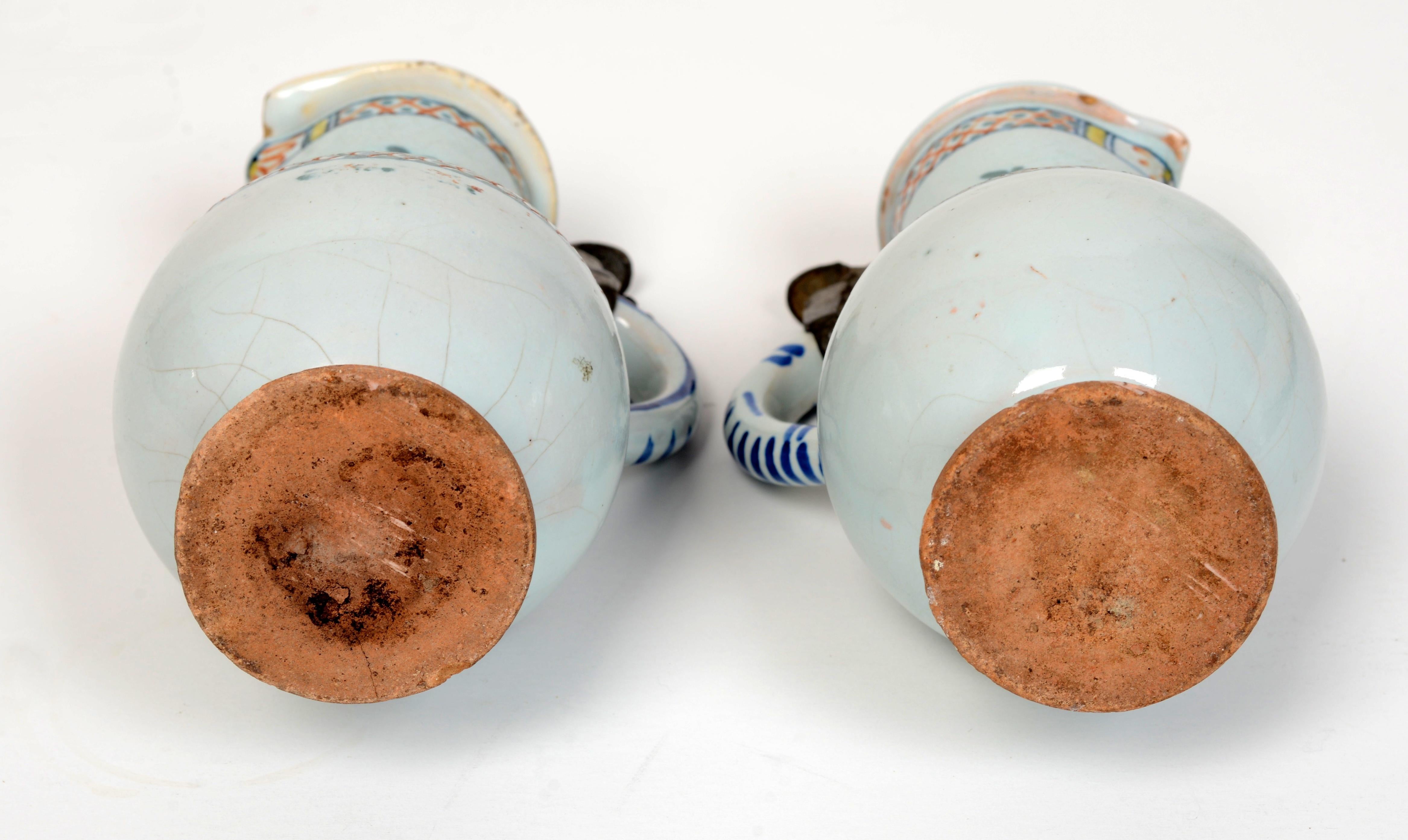 Earthenware Pr of 19th c French Faience Poly-Chrome Painted Small Pitchers With Hinged Lids For Sale
