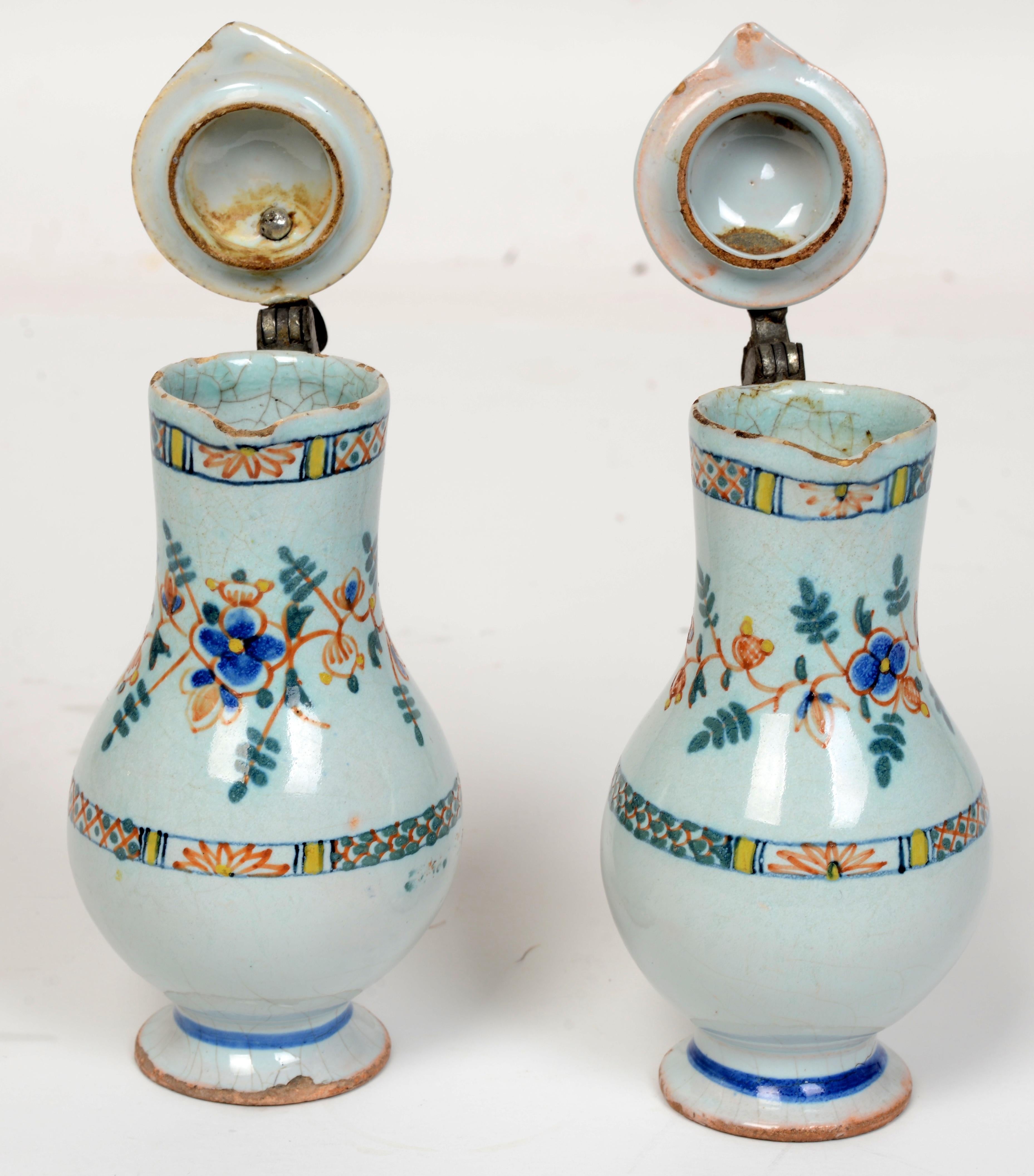 Pr of 19th c French Faience Poly-Chrome Painted Small Pitchers With Hinged Lids For Sale 1