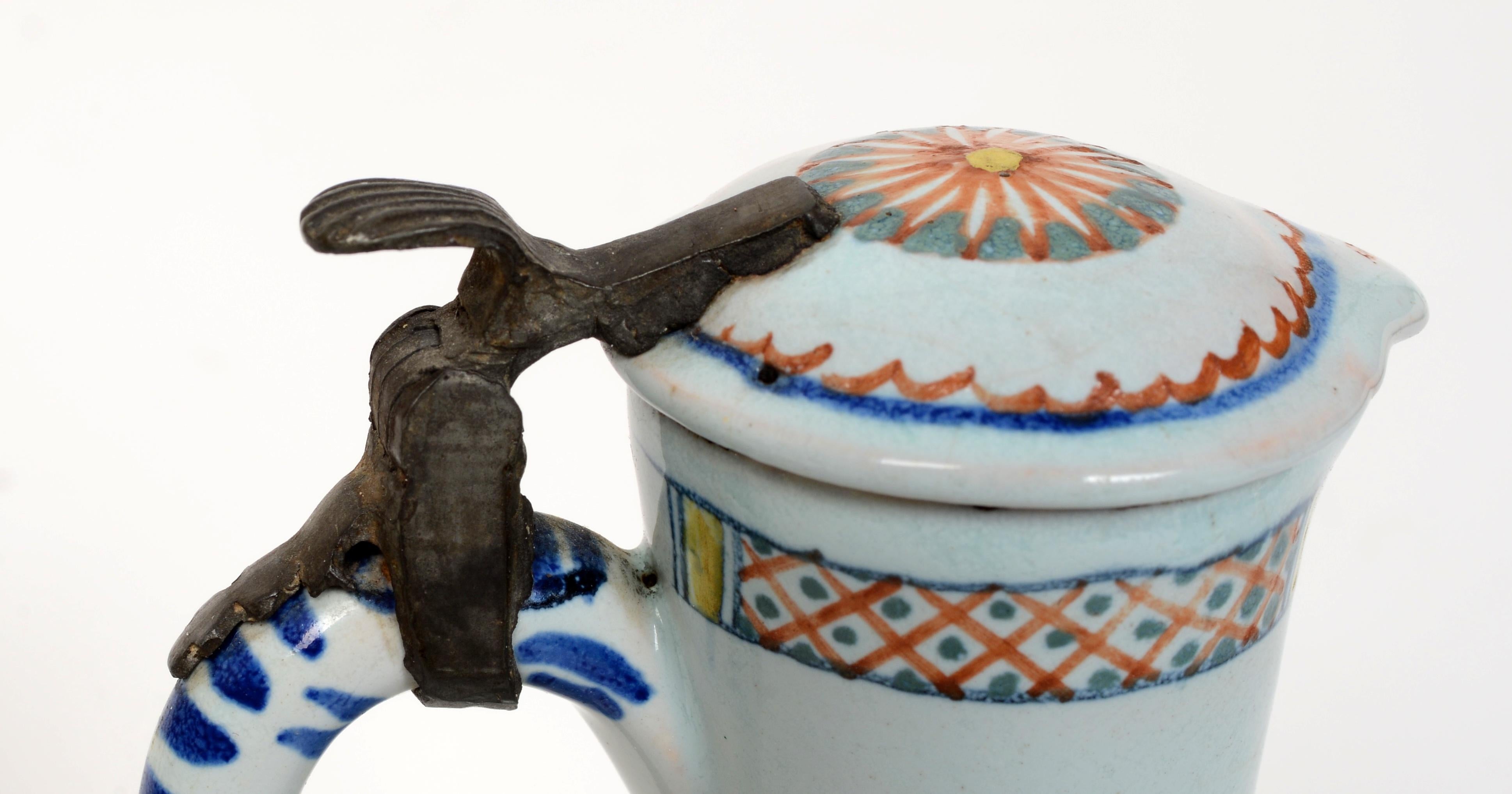 Pr of 19th c French Faience Poly-Chrome Painted Small Pitchers With Hinged Lids For Sale 2