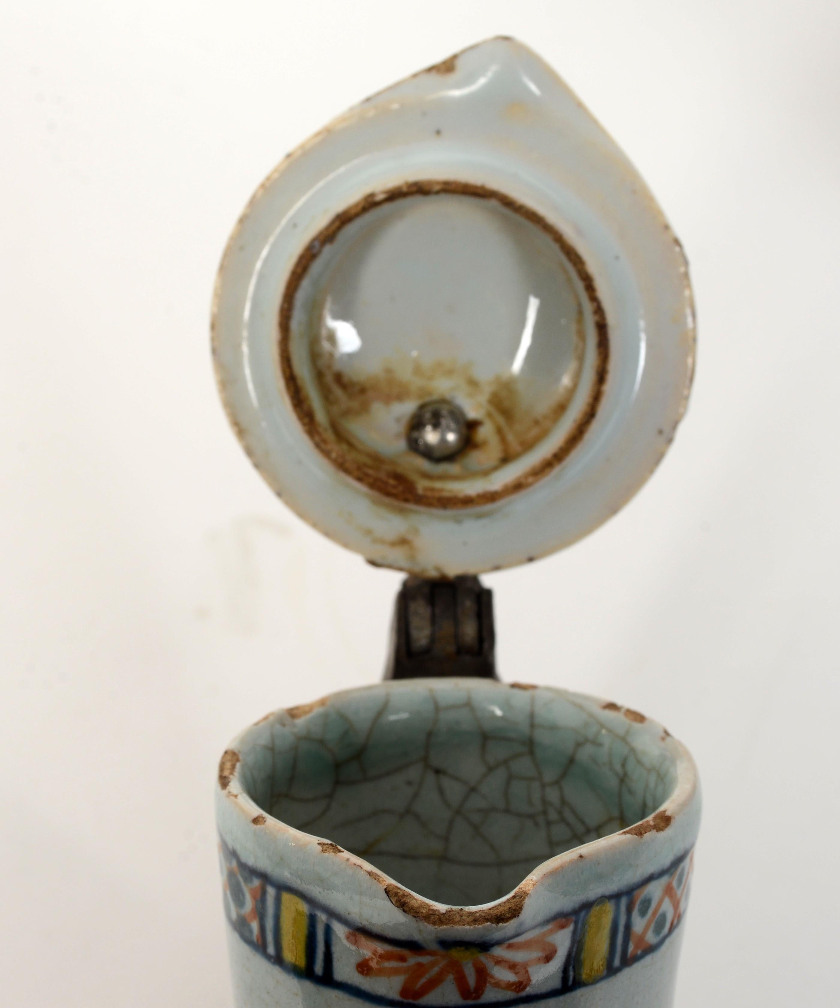 Pr of 19th c French Faience Poly-Chrome Painted Small Pitchers With Hinged Lids For Sale 3