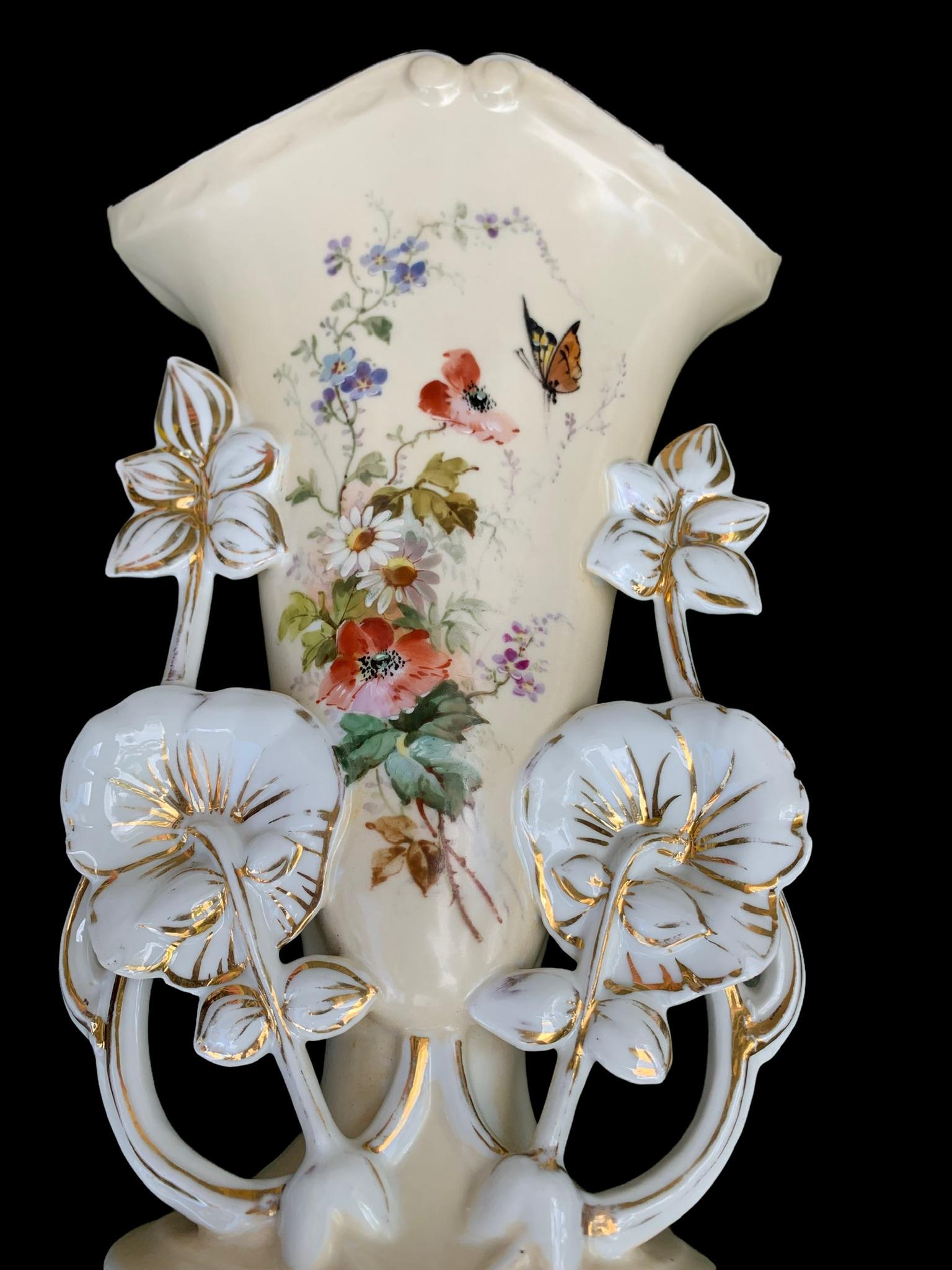 Enameled Pr. of Antique French Old Paris Porcelain Mantle Vases
