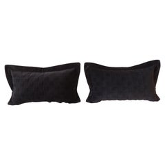 Pr. of Black Cotton Velvet Checkerboard Pattern Bolster Modern Pillows