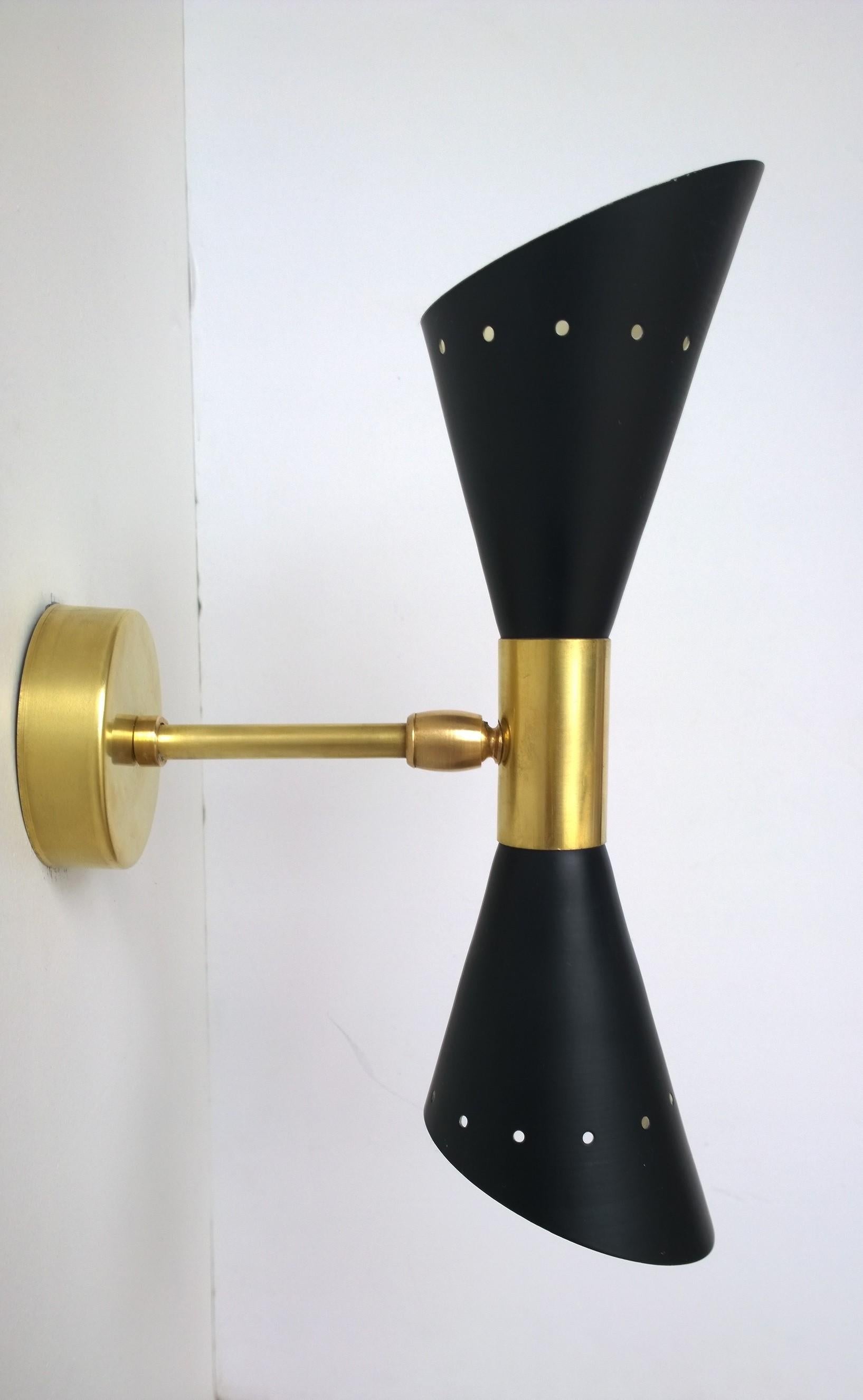 Pair of Black Enameled w/ White Interior Steel w/ Brass Hardware 2 Cone Sconces For Sale 4