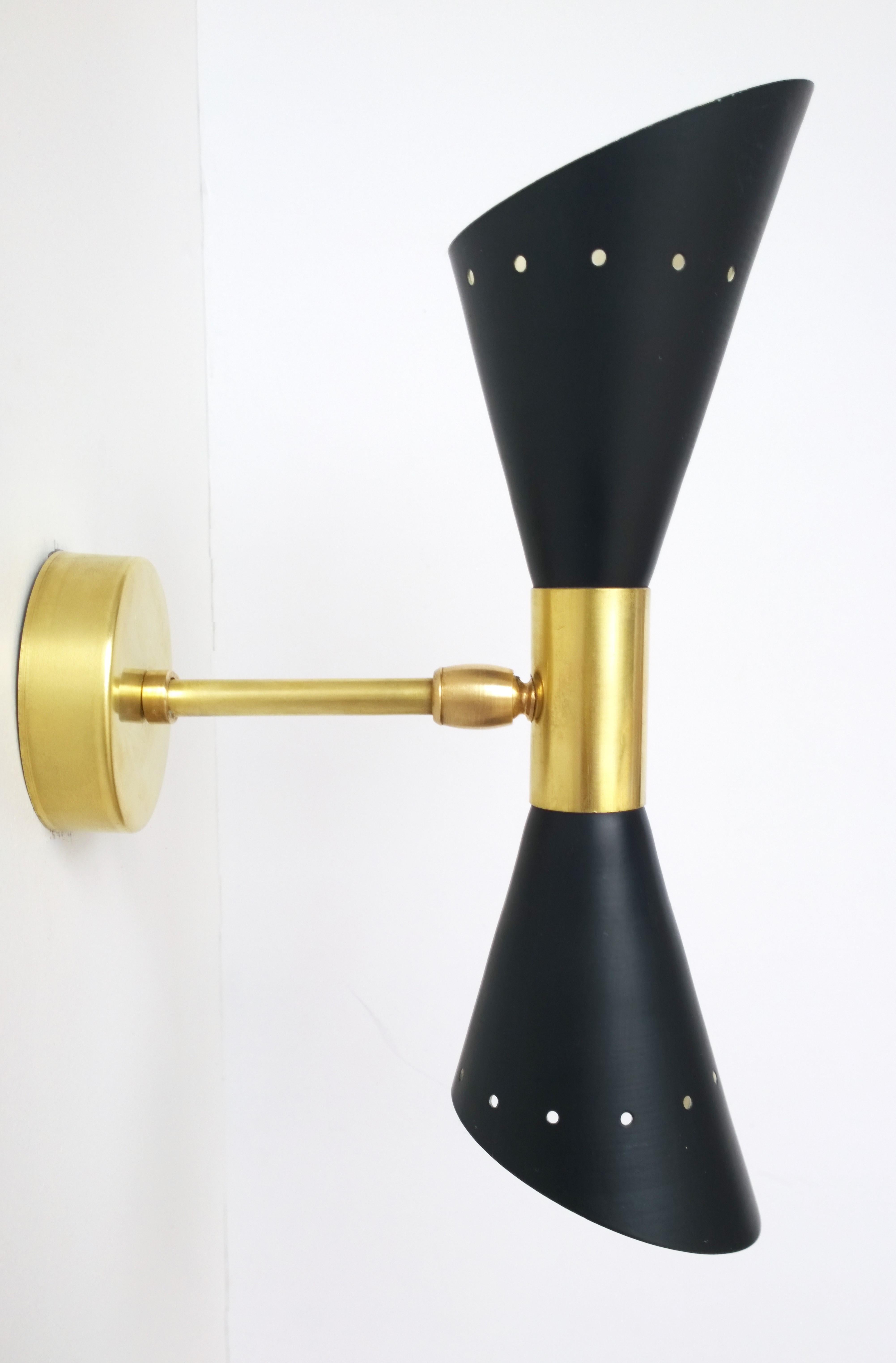 Pair of Black Enameled w/ White Interior Steel w/ Brass Hardware 2 Cone Sconces For Sale 5