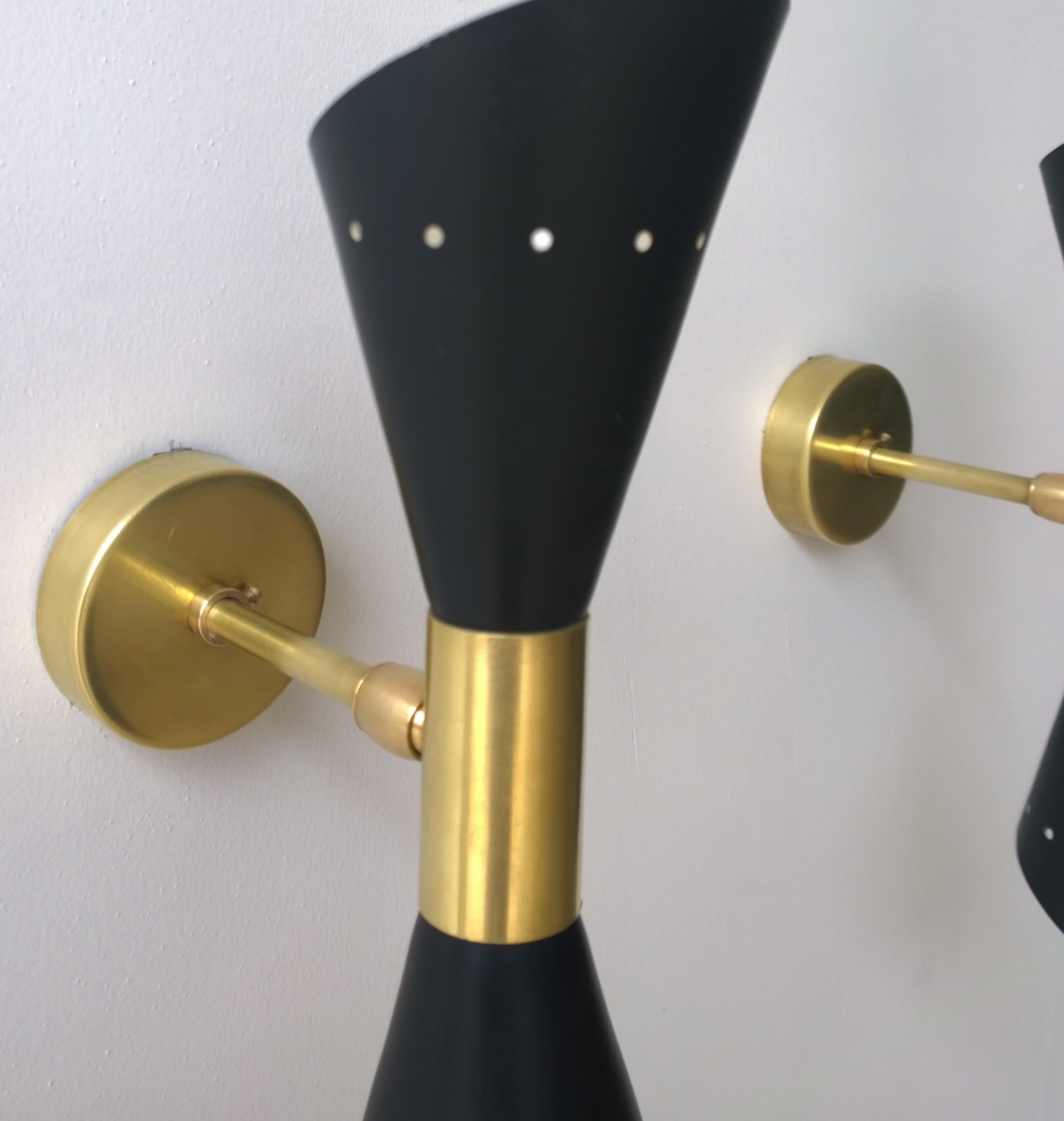 Pair of Black Enameled w/ White Interior Steel w/ Brass Hardware 2 Cone Sconces For Sale 6