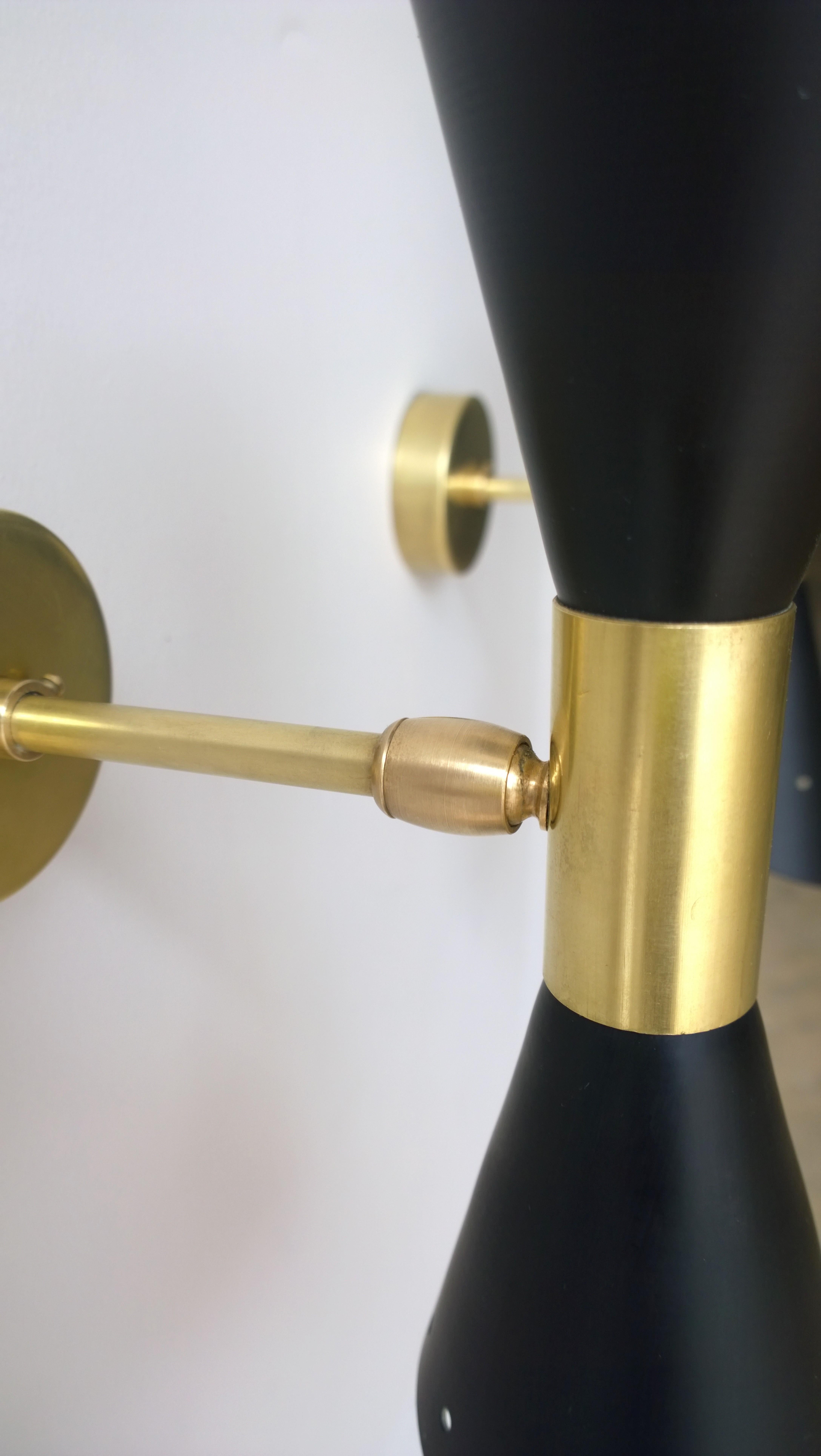 Pair of Black Enameled w/ White Interior Steel w/ Brass Hardware 2 Cone Sconces For Sale 7