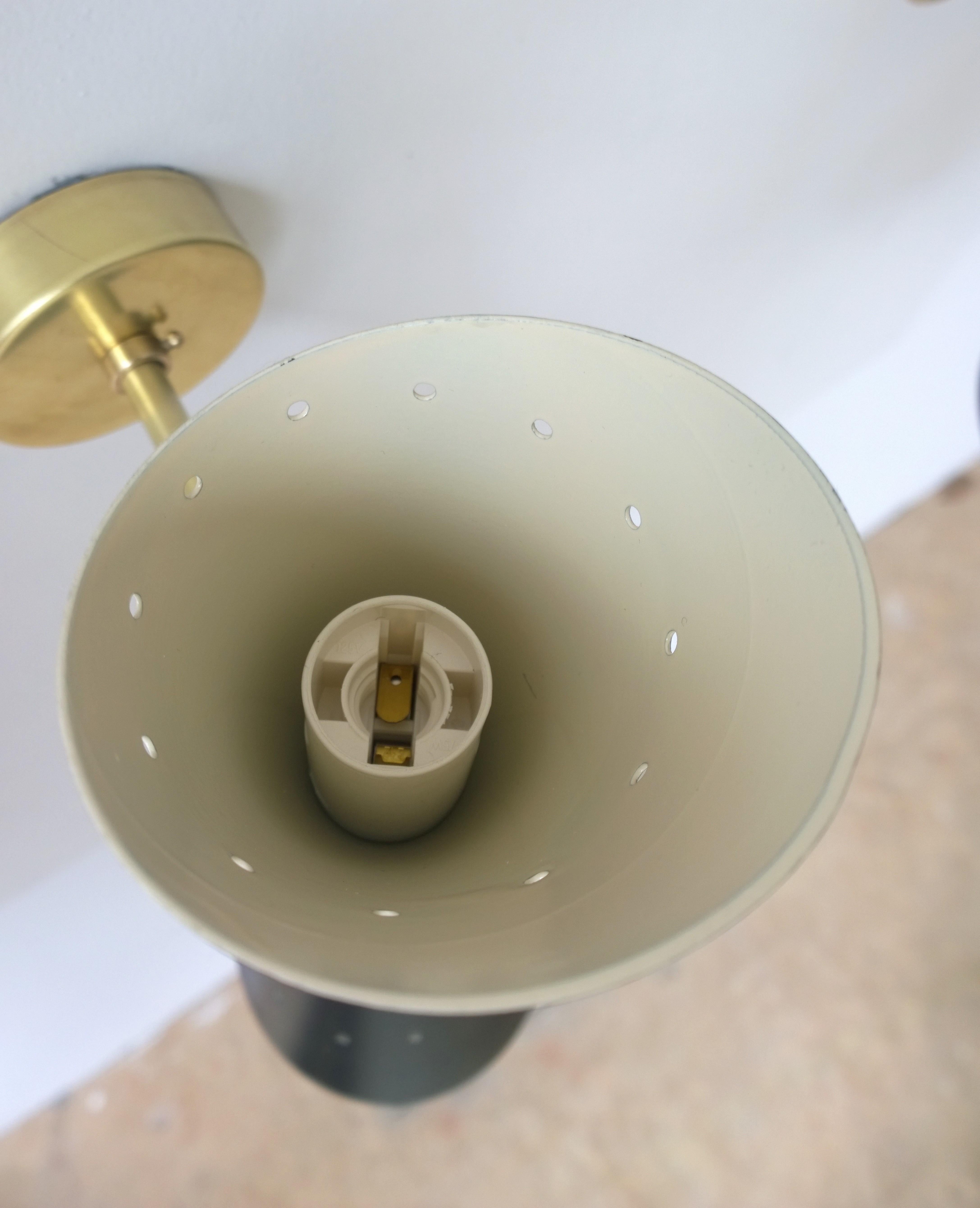 Pair of Black Enameled w/ White Interior Steel w/ Brass Hardware 2 Cone Sconces For Sale 12