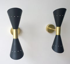 Pair of Black Enameled w/ White Interior Steel w/ Brass Hardware 2 Cone Sconces
