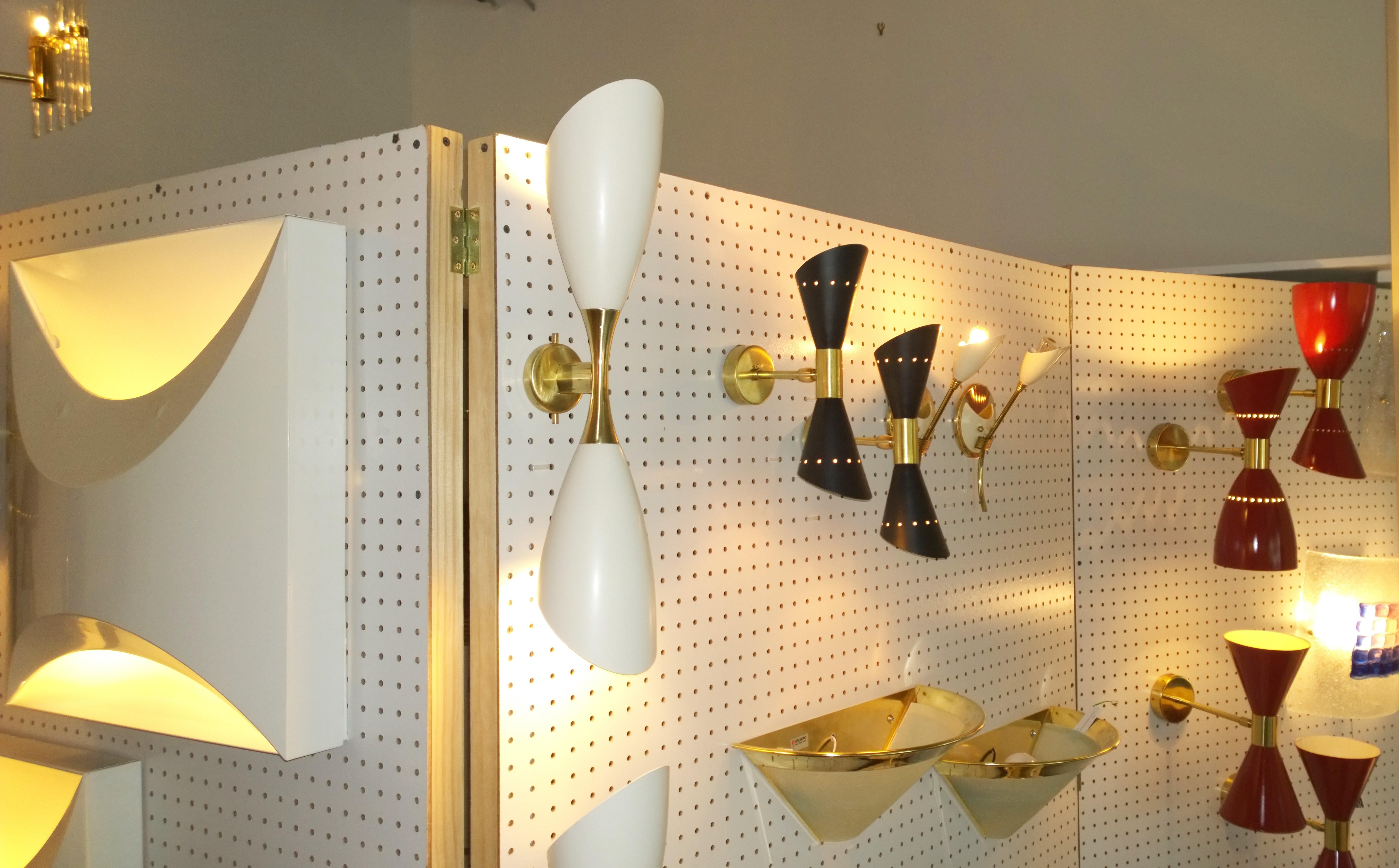 Pair of Black Enameled w/ White Interior Steel w/ Brass Hardware 2 Cone Sconces For Sale 14