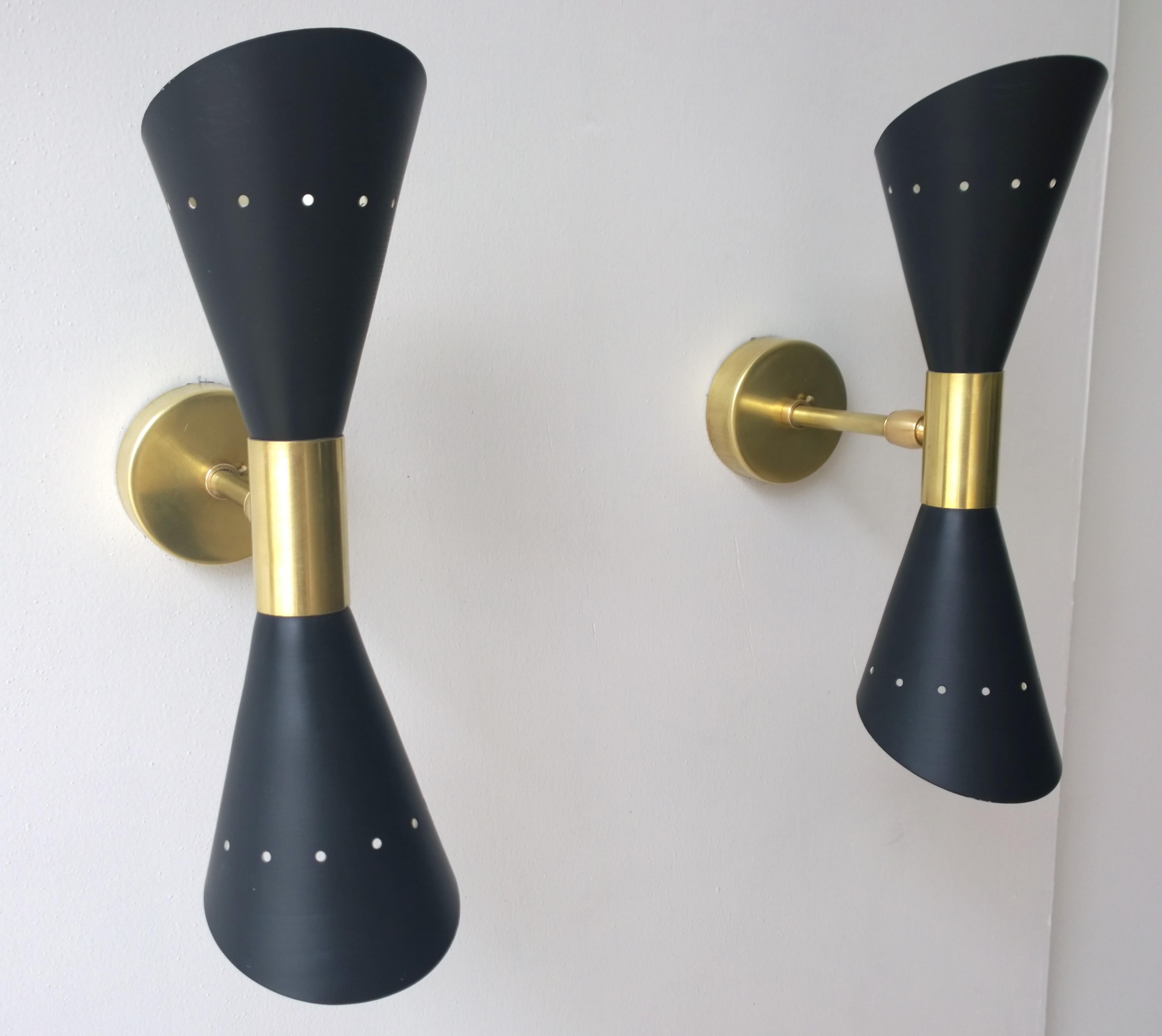 Mid-Century Modern Pair of Black Enameled w/ White Interior Steel w/ Brass Hardware 2 Cone Sconces For Sale