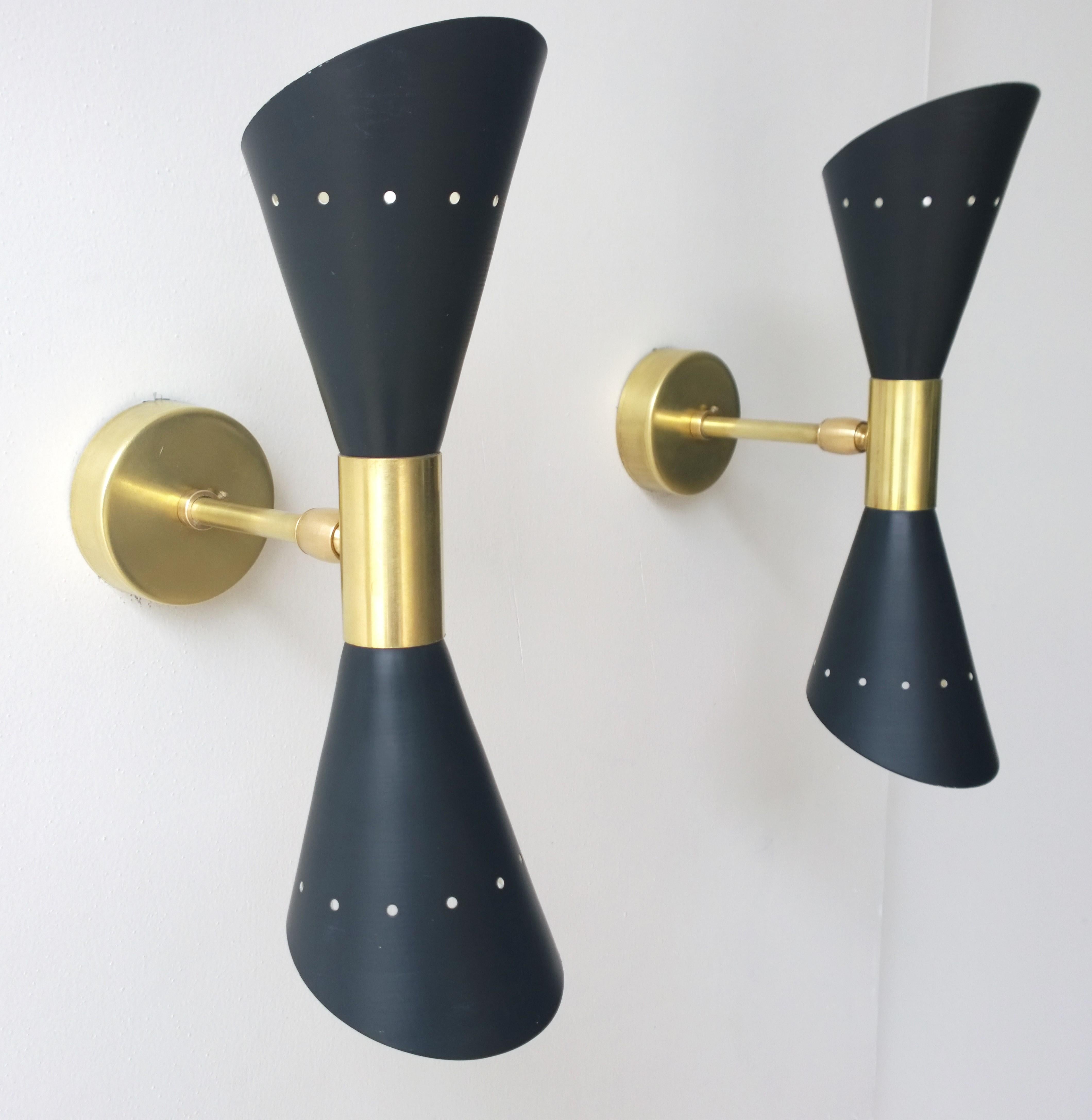 Italian Pair of Black Enameled w/ White Interior Steel w/ Brass Hardware 2 Cone Sconces For Sale
