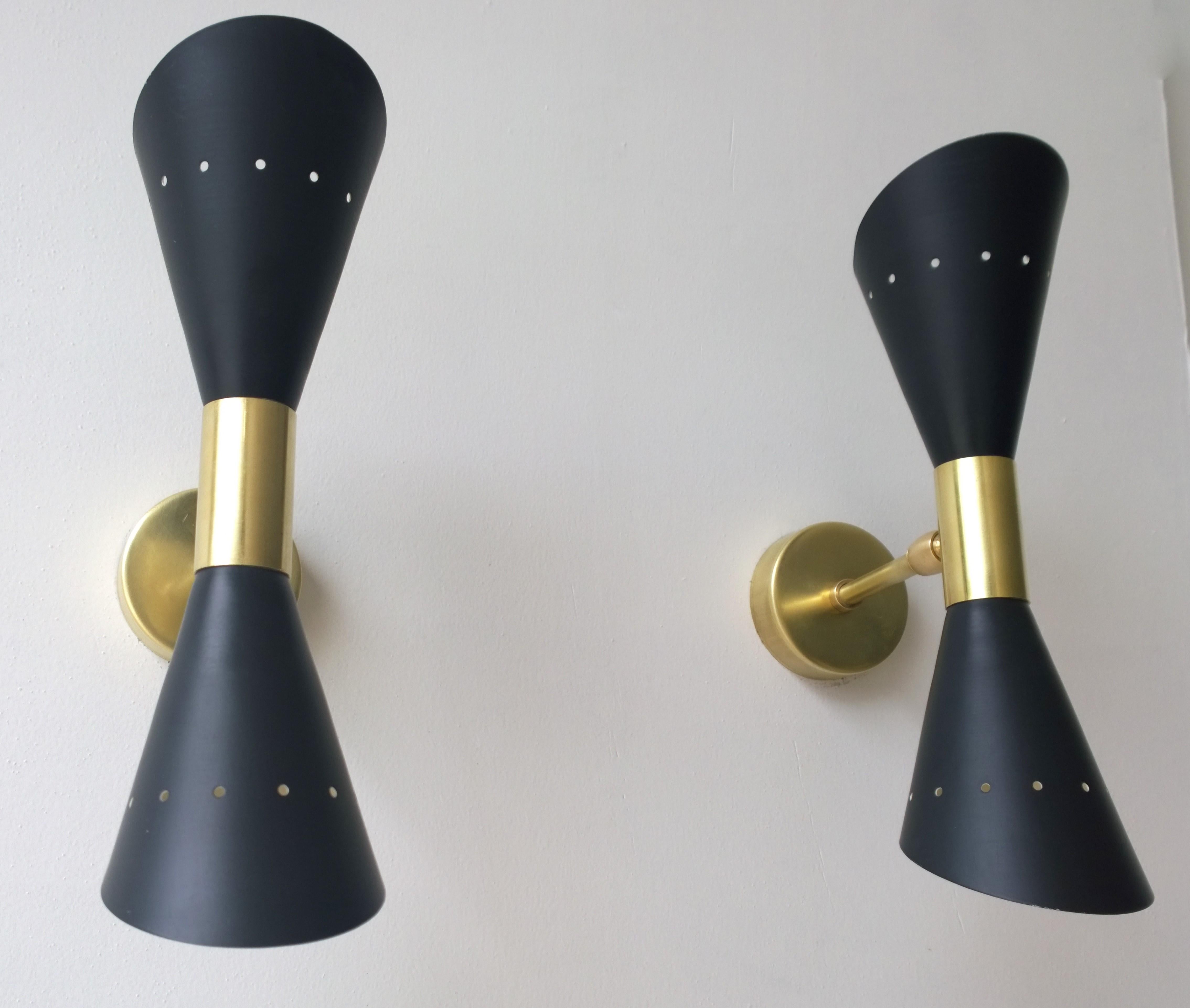 Pair of Black Enameled w/ White Interior Steel w/ Brass Hardware 2 Cone Sconces In Good Condition For Sale In Houston, TX