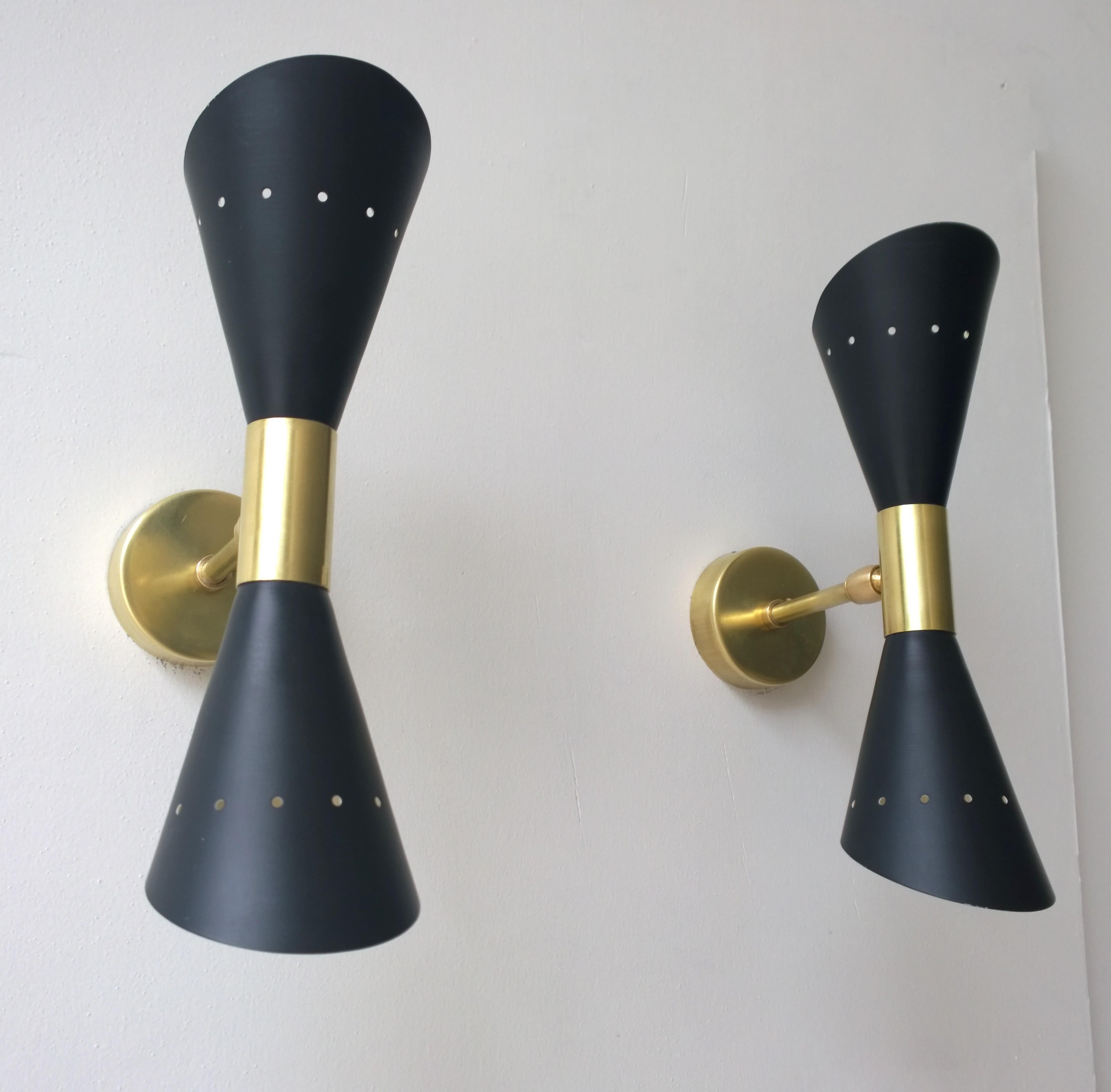 20th Century Pair of Black Enameled w/ White Interior Steel w/ Brass Hardware 2 Cone Sconces For Sale