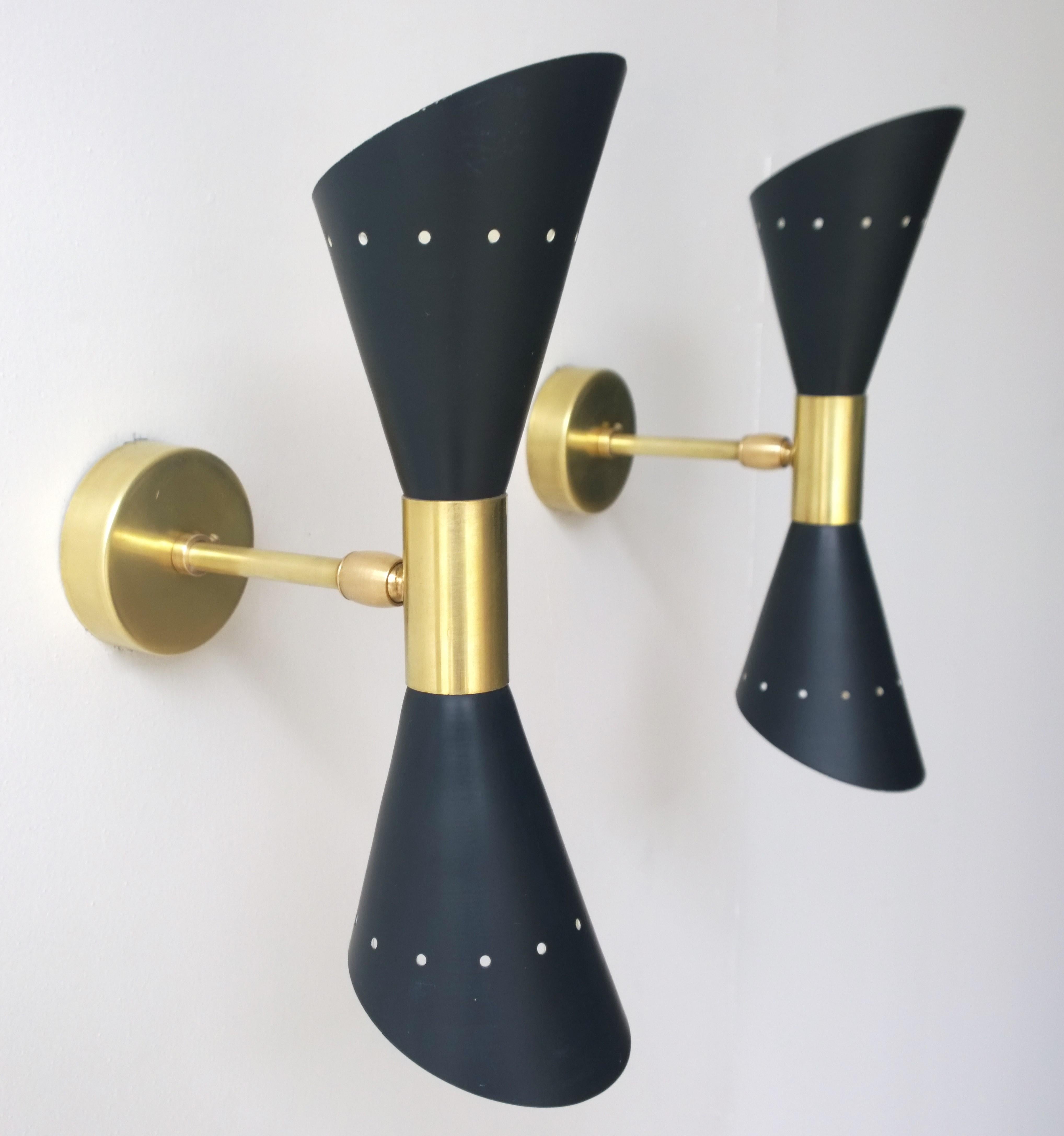 Pair of Black Enameled w/ White Interior Steel w/ Brass Hardware 2 Cone Sconces For Sale 1