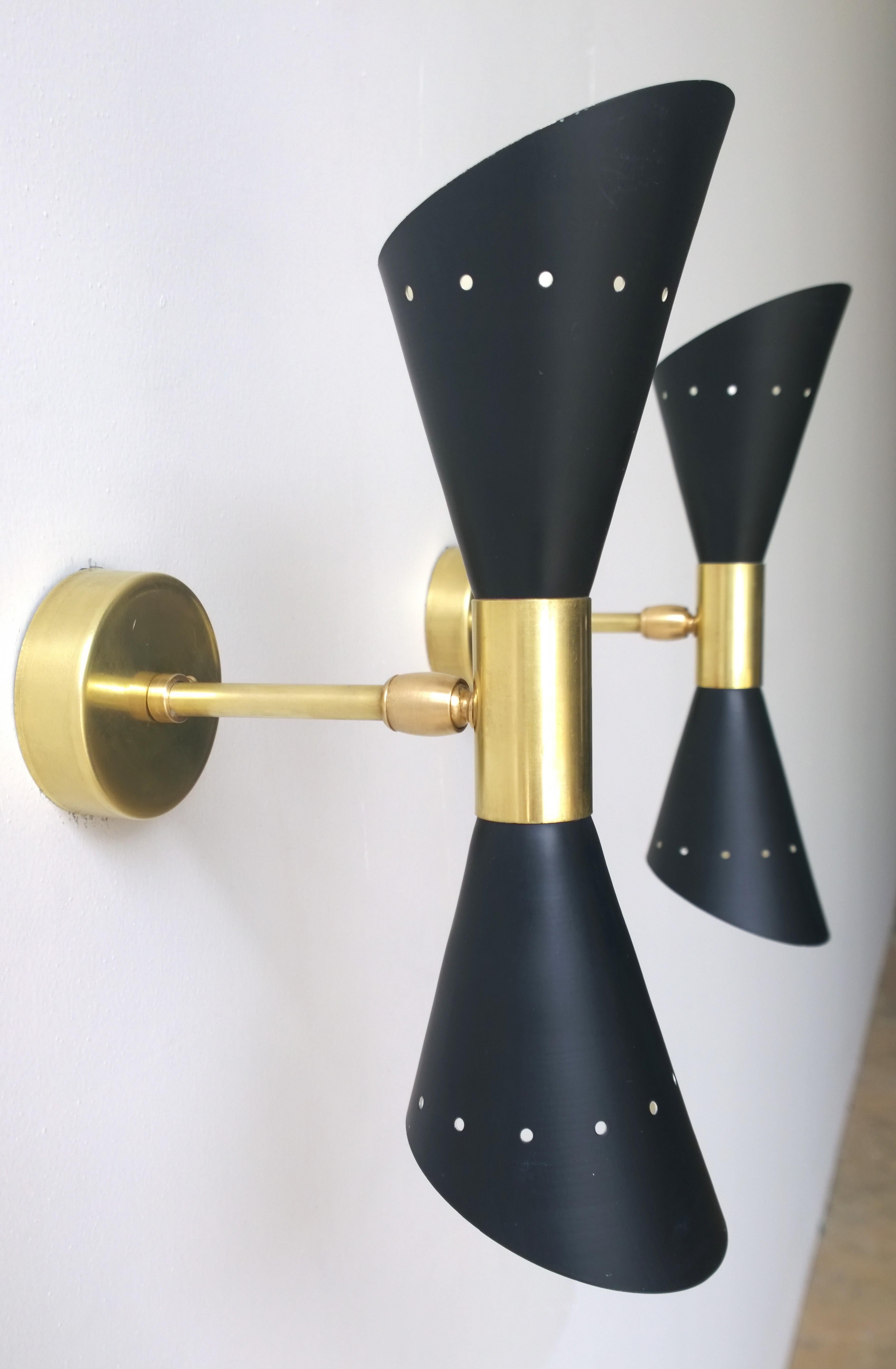 Pair of Black Enameled w/ White Interior Steel w/ Brass Hardware 2 Cone Sconces For Sale 2
