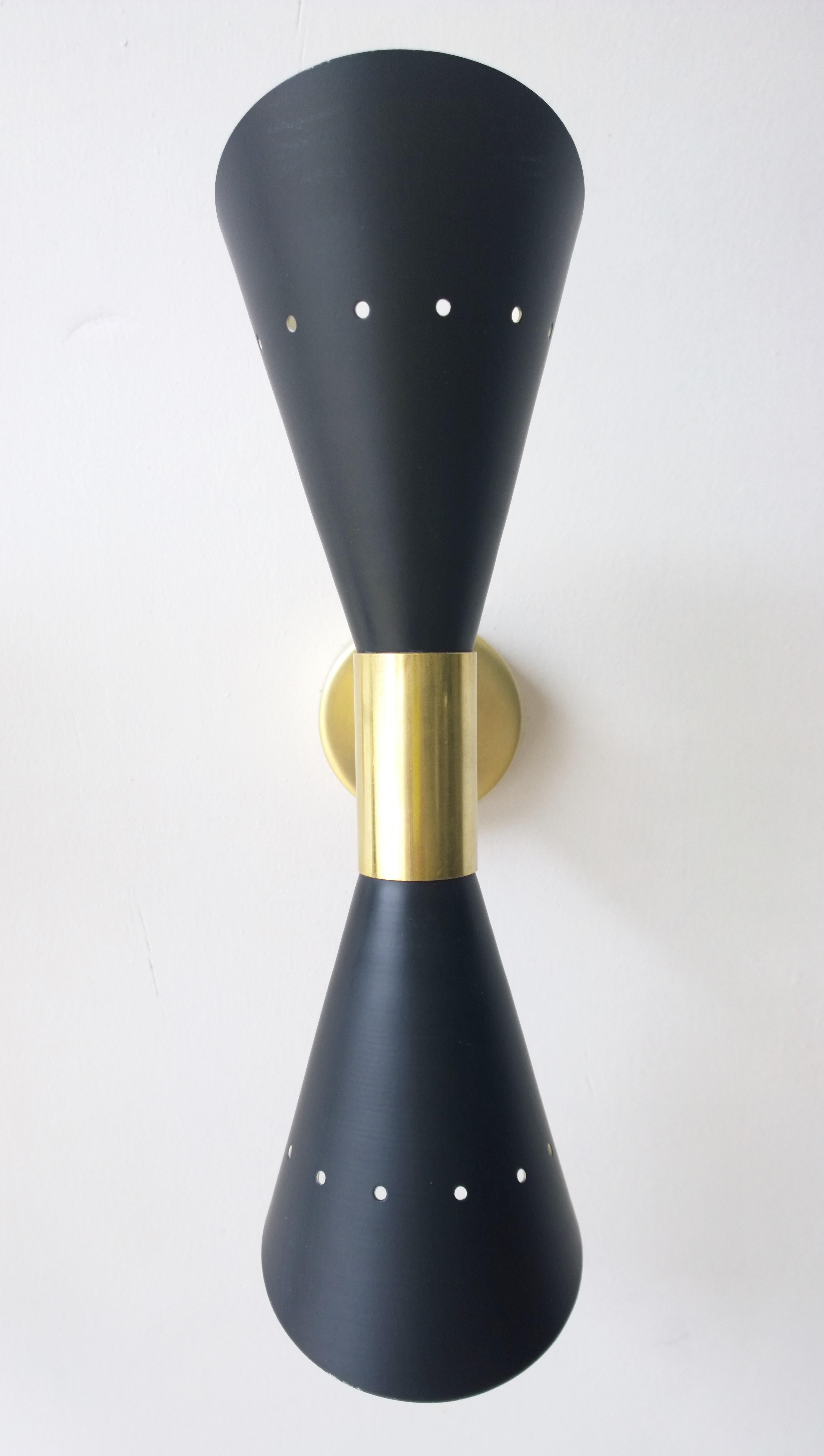 Pair of Black Enameled w/ White Interior Steel w/ Brass Hardware 2 Cone Sconces For Sale 3