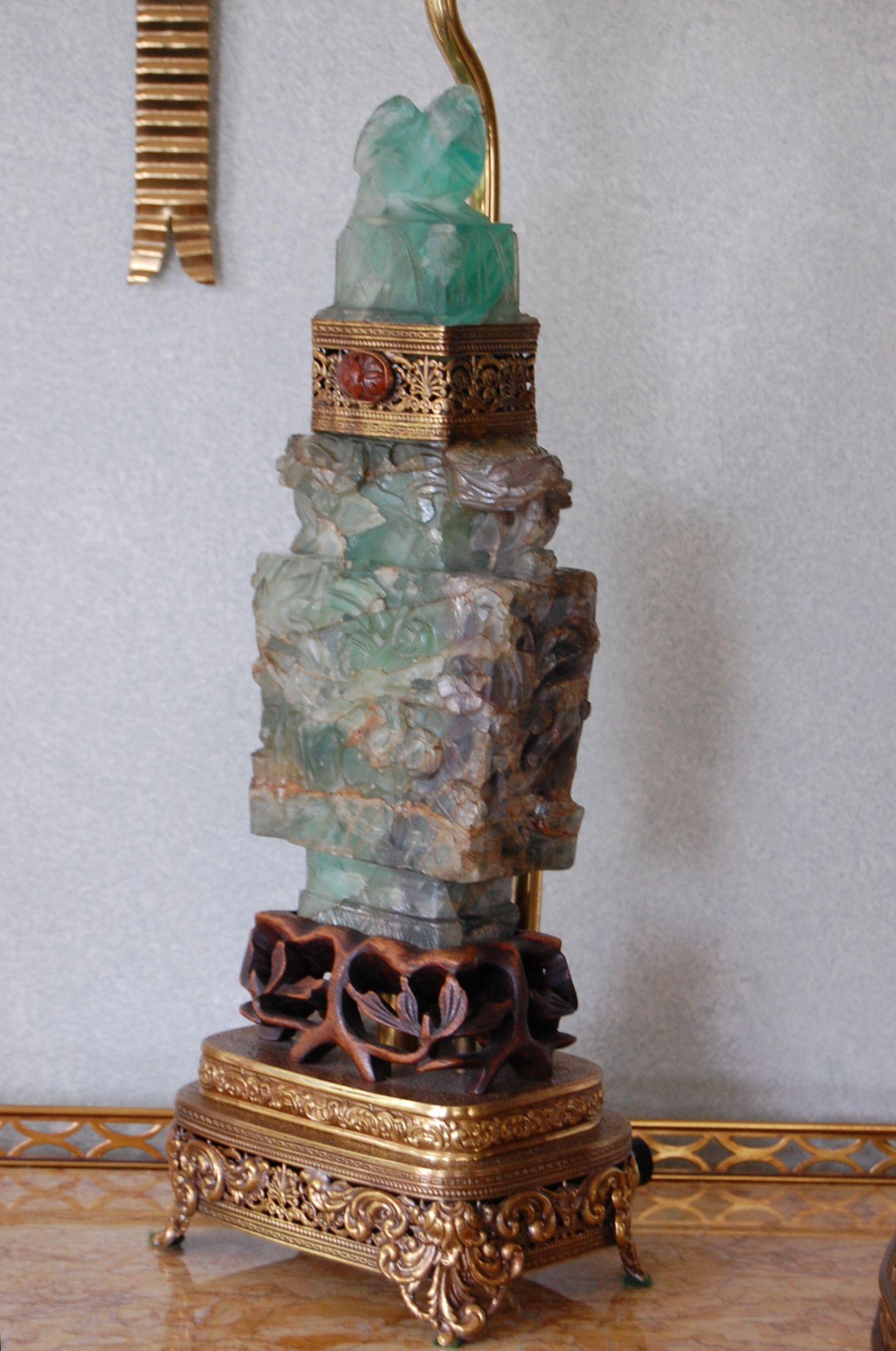Carved Chinese Quartz Lamps on Brass and Wood Bases, Mid-19th Century, Pair For Sale 6