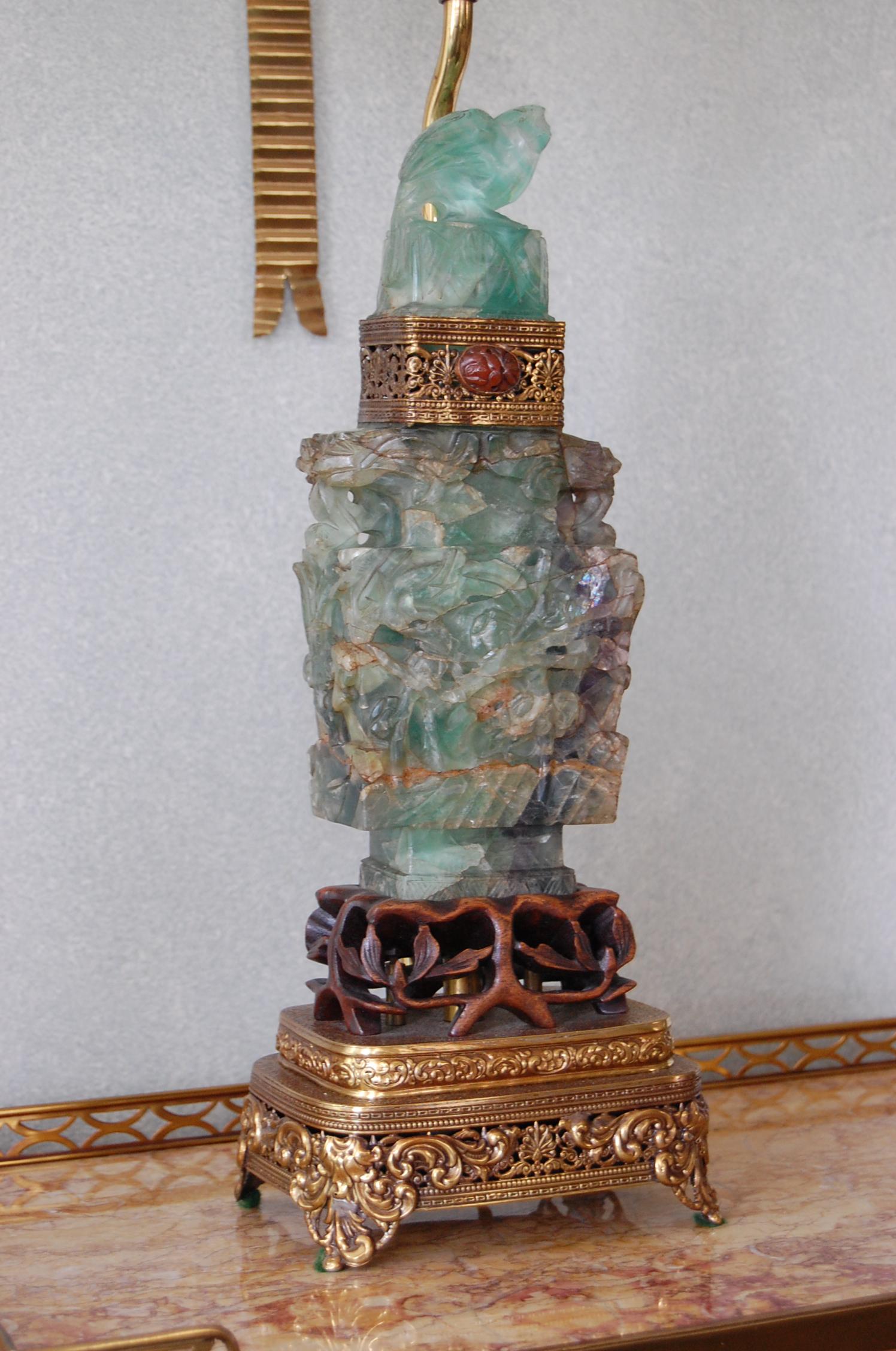 Hand-Carved Carved Chinese Quartz Lamps on Brass and Wood Bases, Mid-19th Century, Pair For Sale