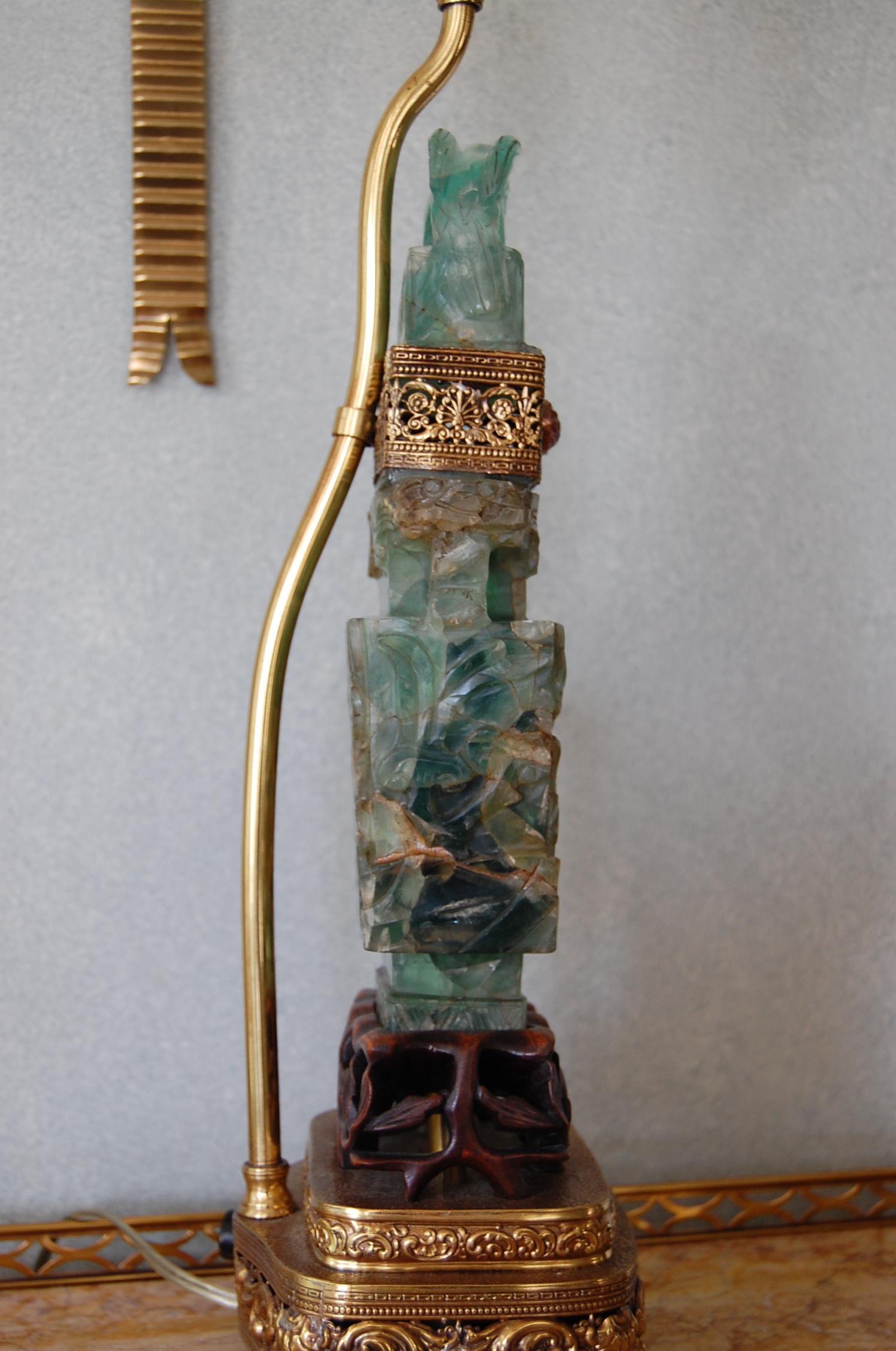 Carved Chinese Quartz Lamps on Brass and Wood Bases, Mid-19th Century, Pair For Sale 3