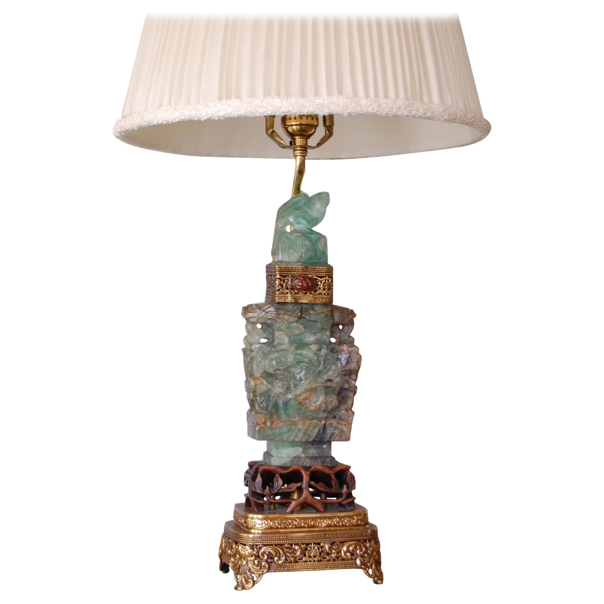Carved Chinese Quartz Lamps on Brass and Wood Bases, Mid-19th Century, Pair For Sale