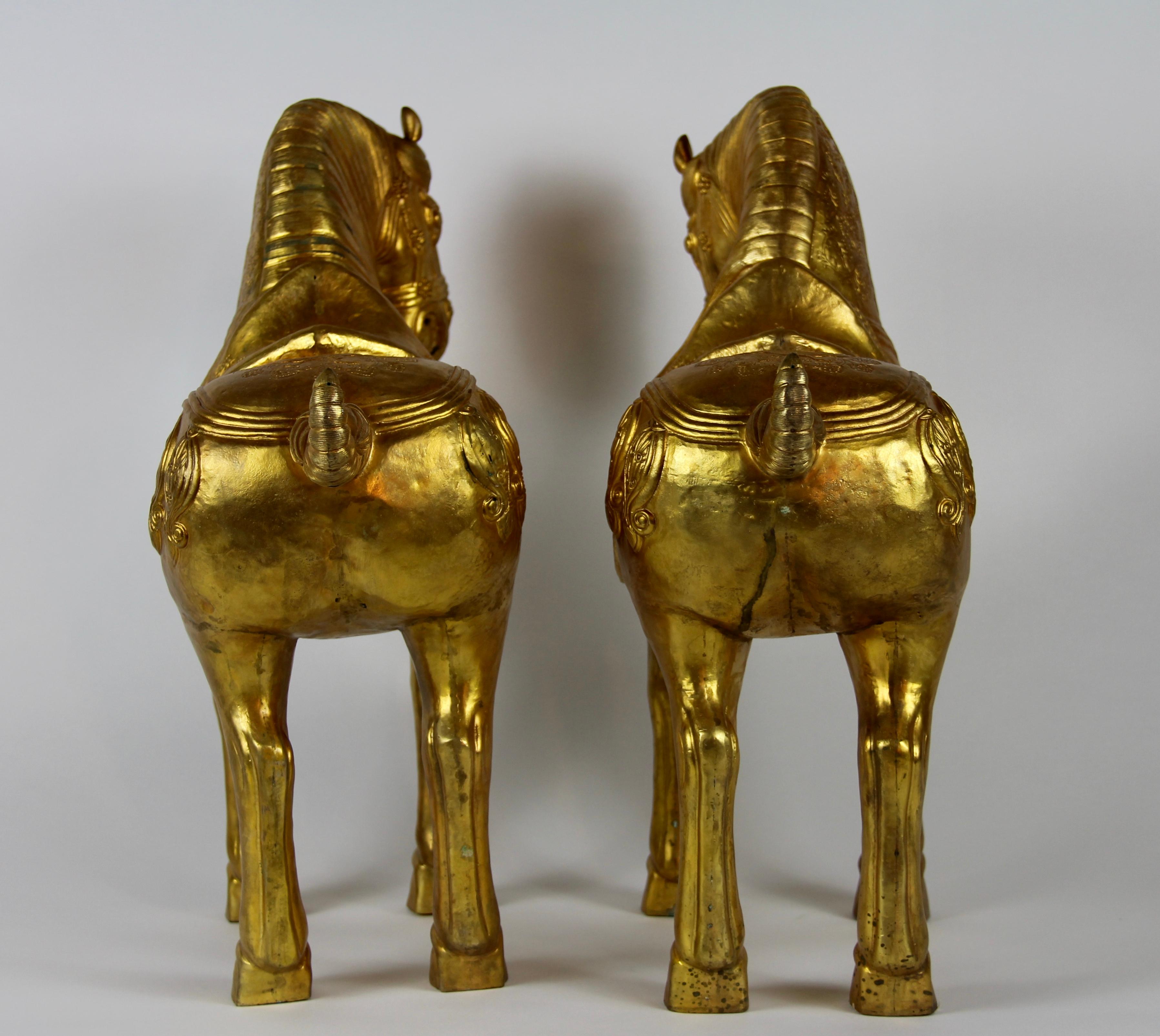 Pair of Chinese Orientalist Design Gilt Bronze Royal Horses Elaborately Detailed 5