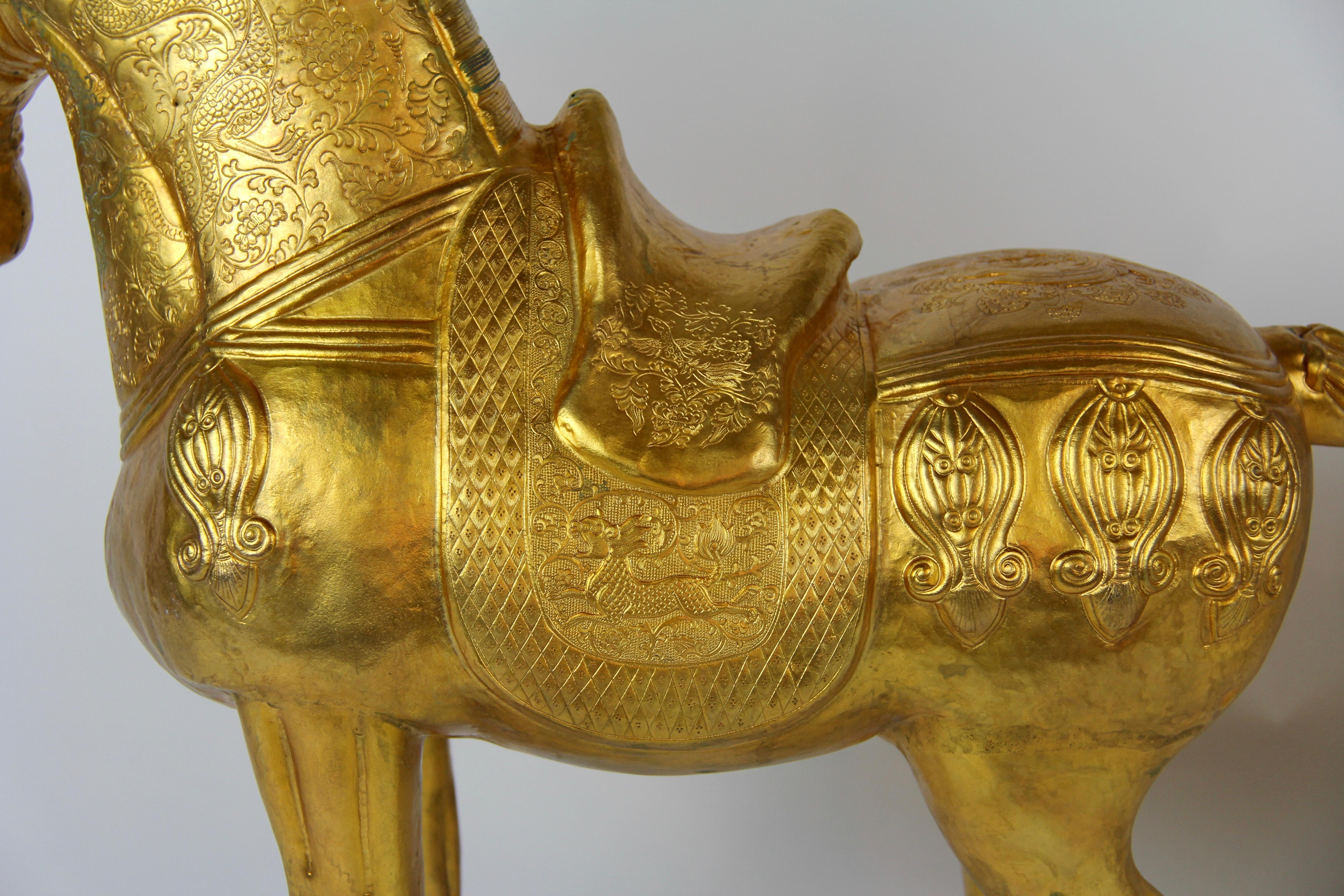 Pair of Chinese Orientalist Design Gilt Bronze Royal Horses Elaborately Detailed 9