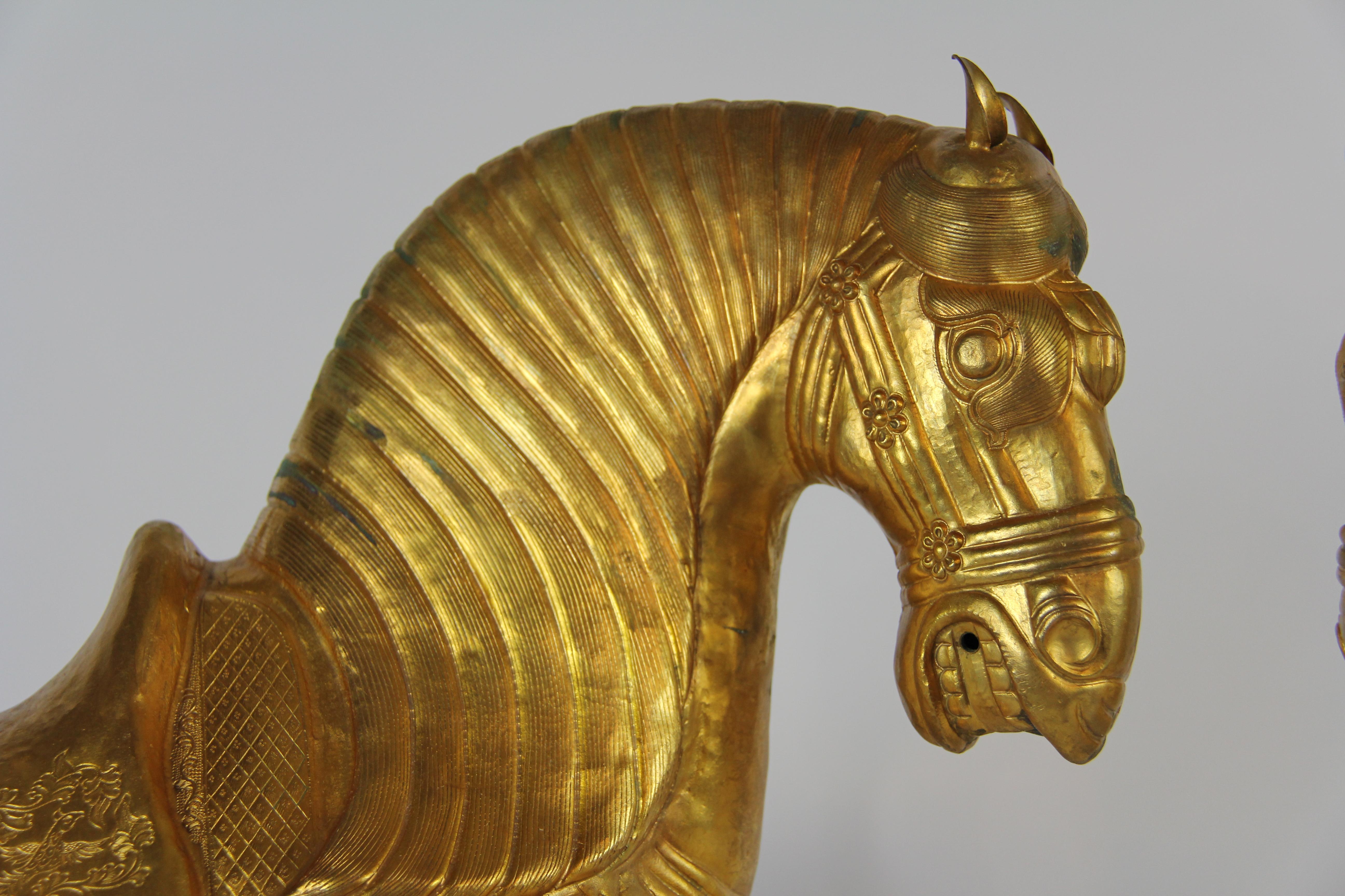 Pair of Chinese Orientalist Design Gilt Bronze Royal Horses Elaborately Detailed 10