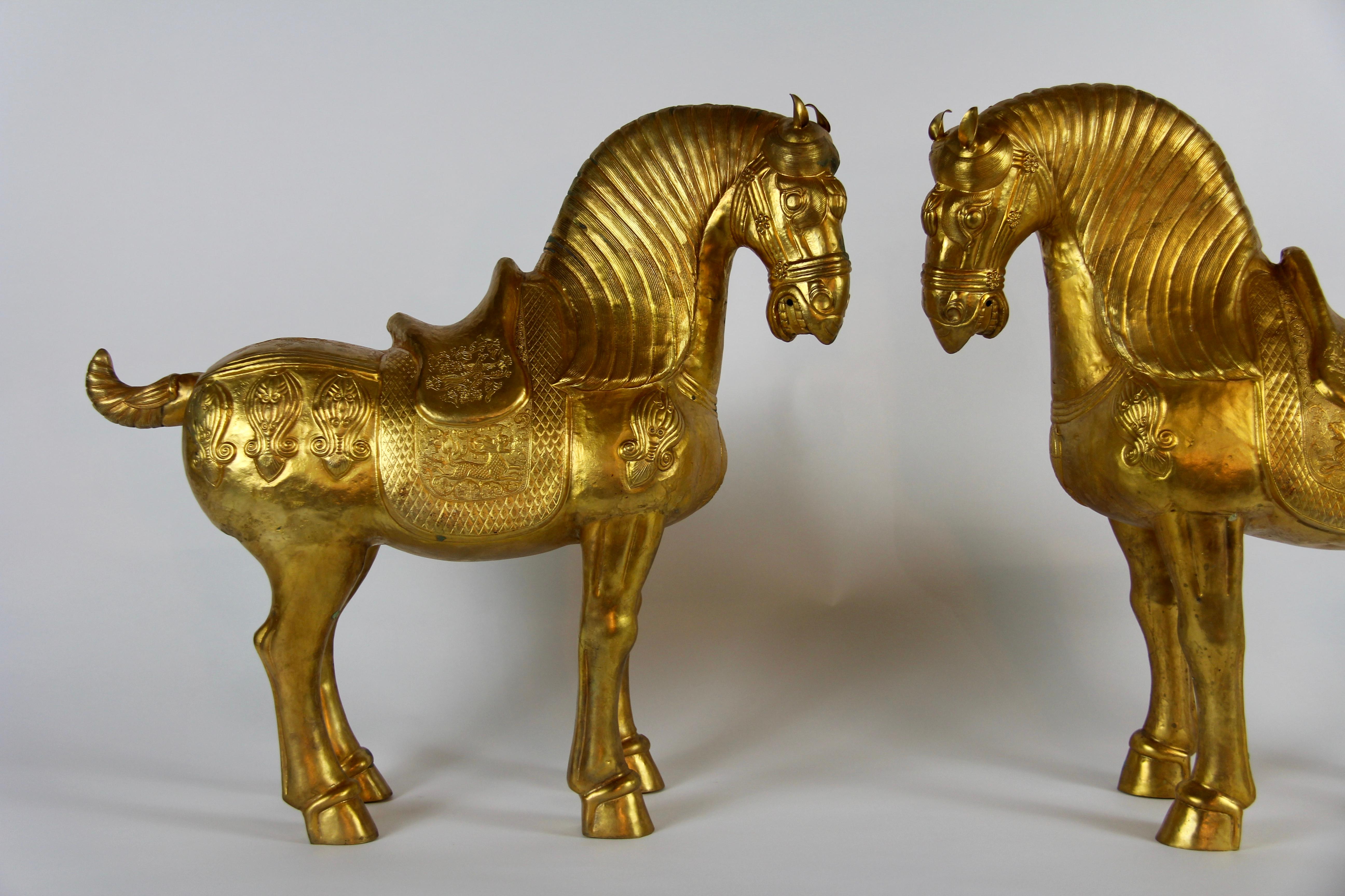 Qing Pair of Chinese Orientalist Design Gilt Bronze Royal Horses Elaborately Detailed