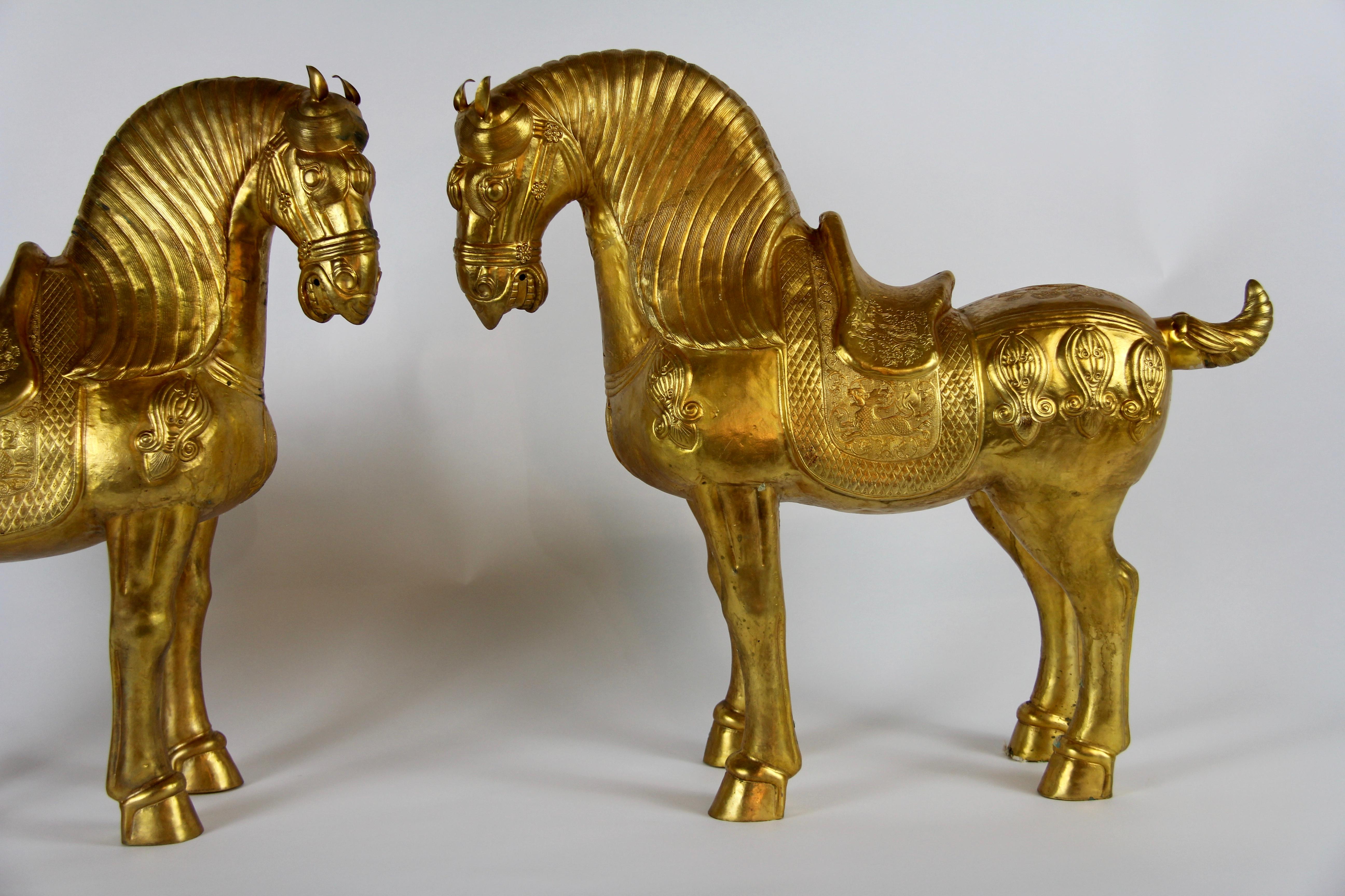 Pair of Chinese Orientalist Design Gilt Bronze Royal Horses Elaborately Detailed In Good Condition In New York, NY