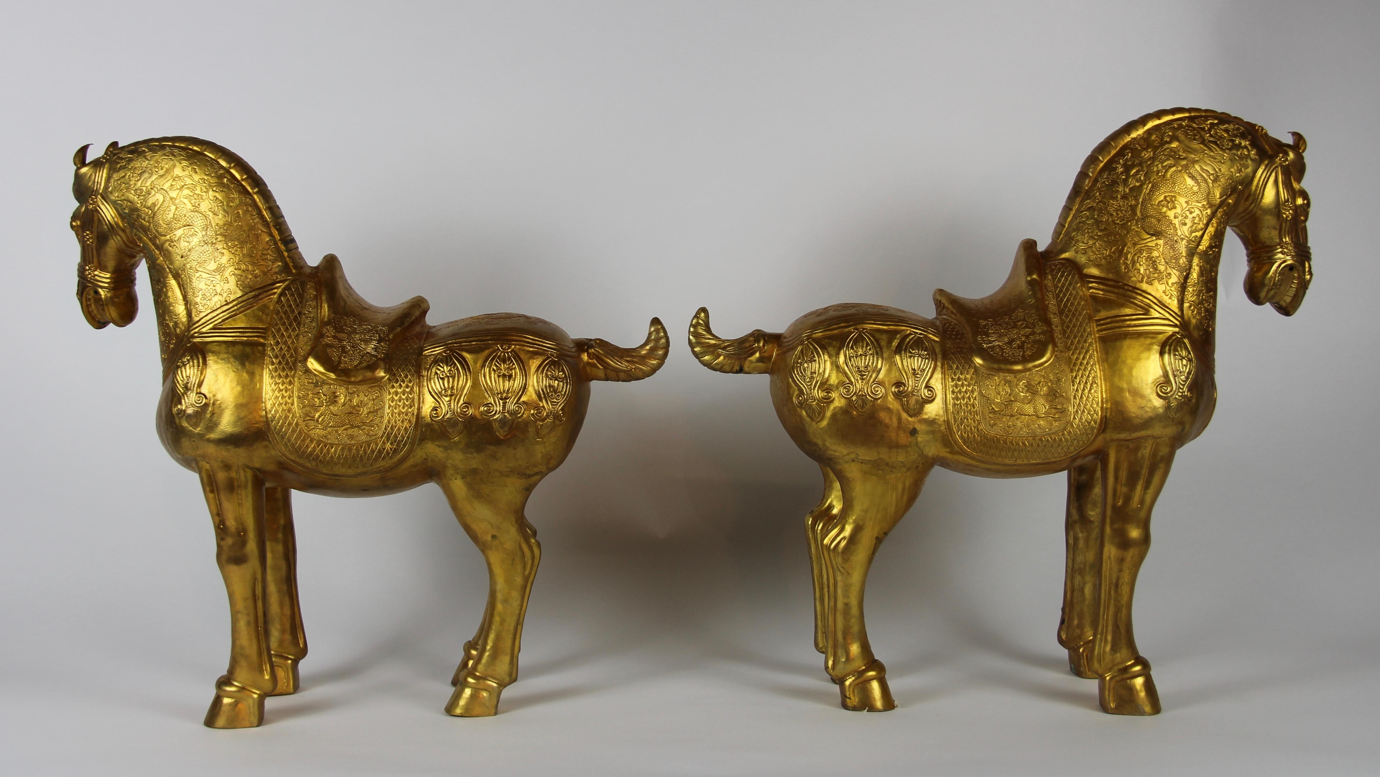 Late 19th Century Pair of Chinese Orientalist Design Gilt Bronze Royal Horses Elaborately Detailed