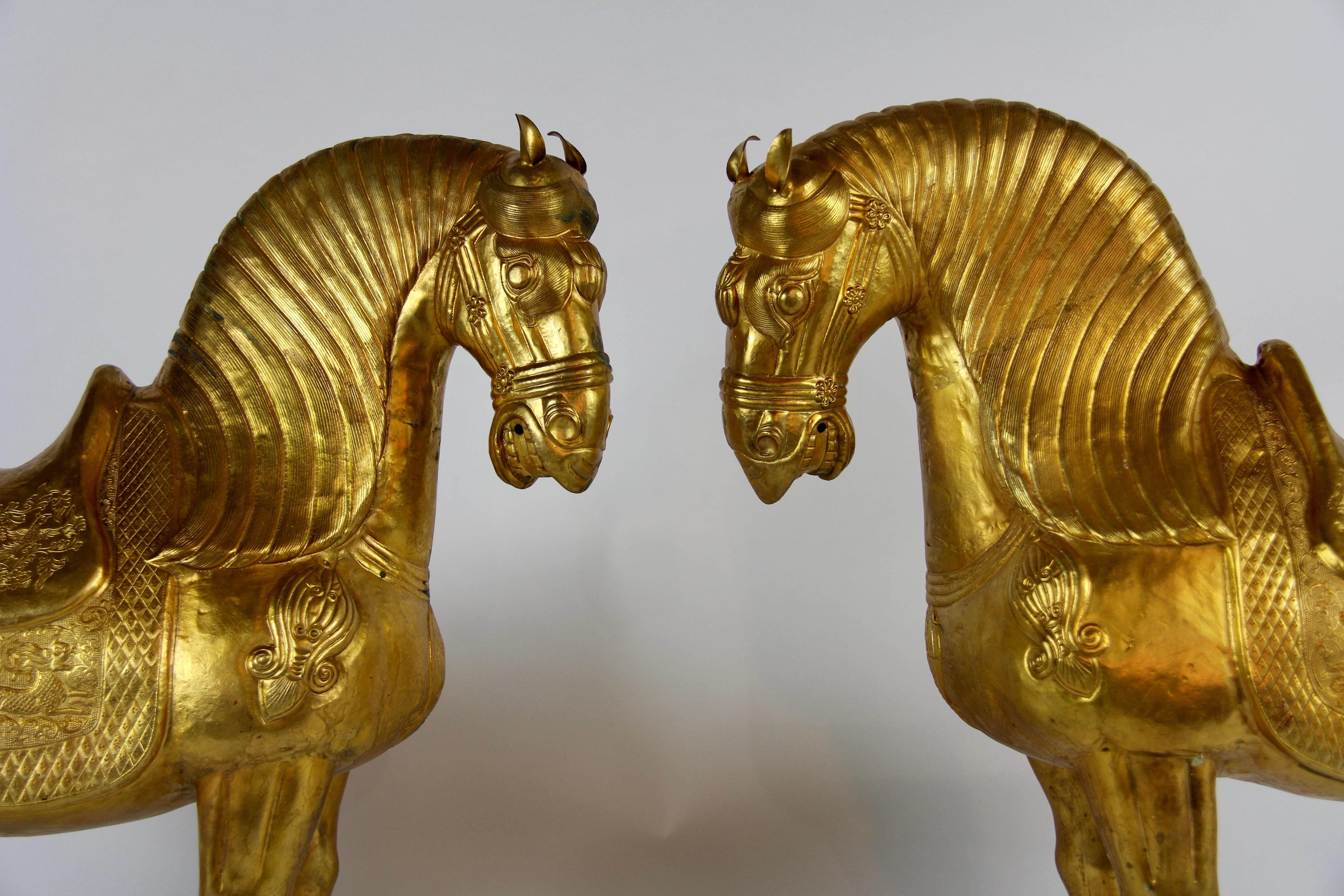 Pair of Chinese Orientalist Design Gilt Bronze Royal Horses Elaborately Detailed 1