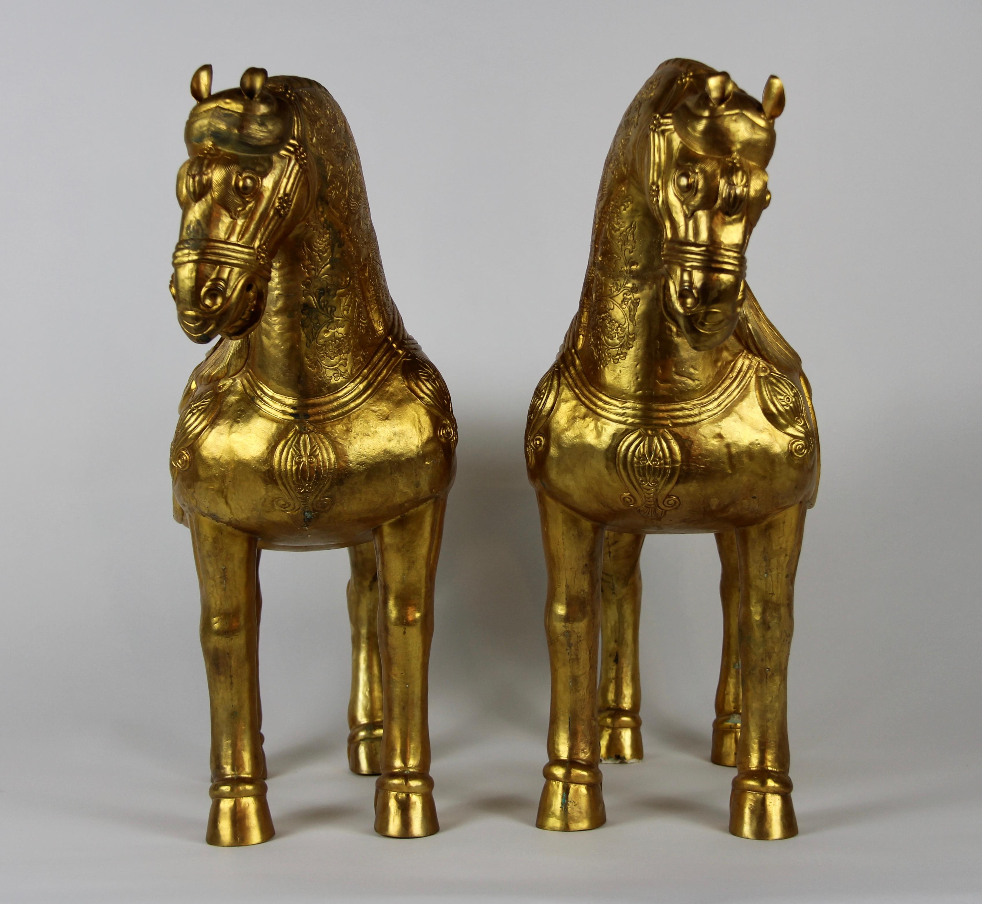 Pair of Chinese Orientalist Design Gilt Bronze Royal Horses Elaborately Detailed 2