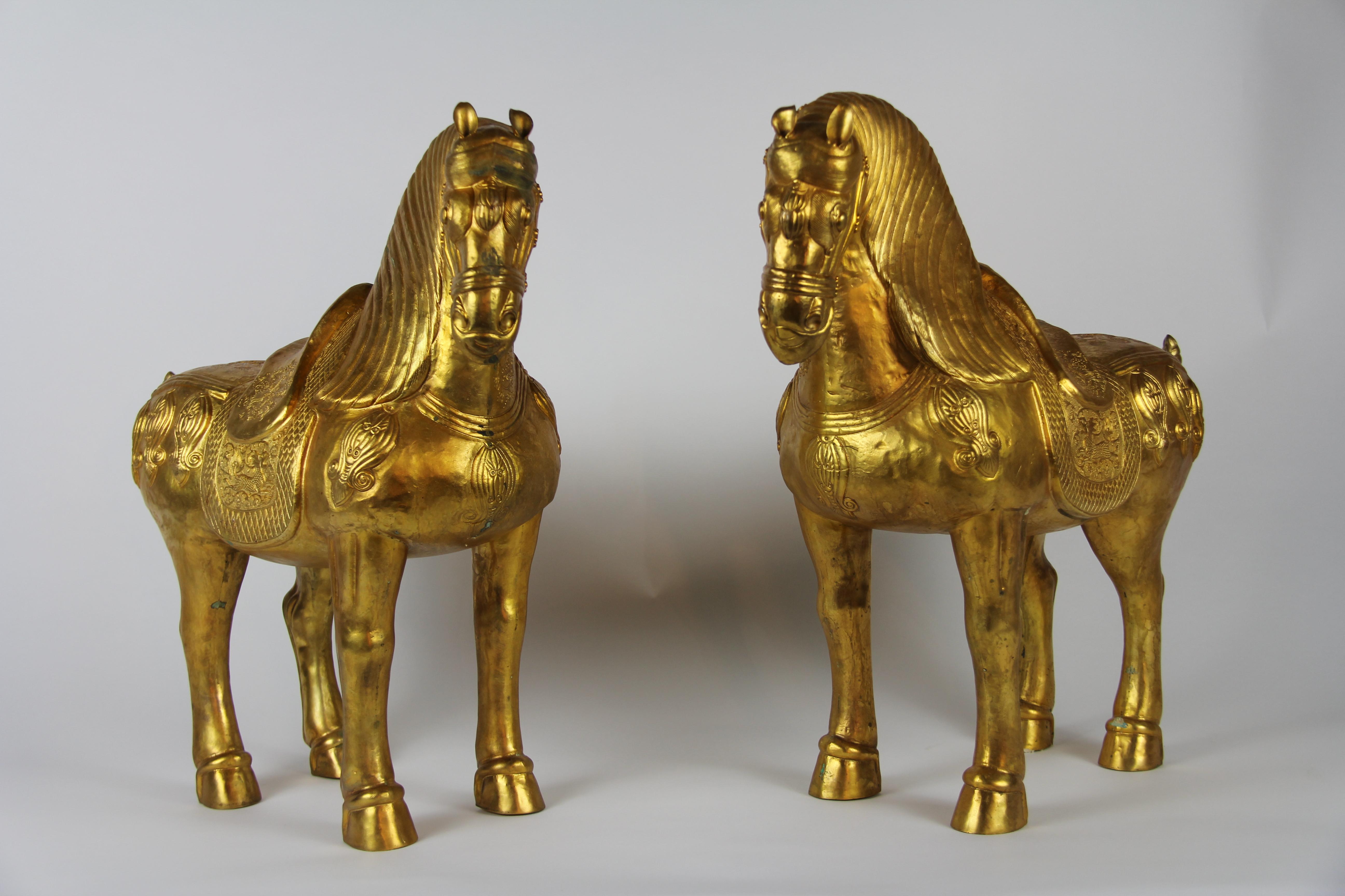 Pair of Chinese Orientalist Design Gilt Bronze Royal Horses Elaborately Detailed 3