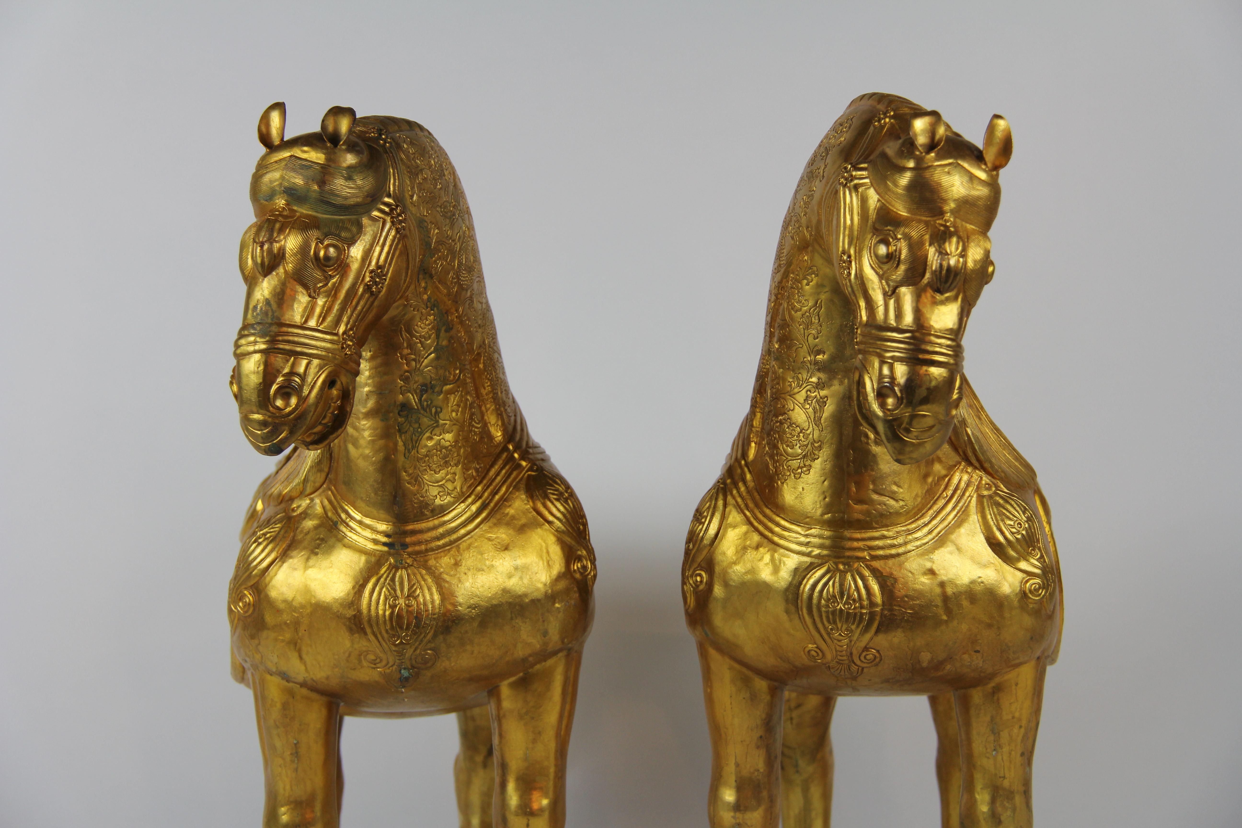 Pair of Chinese Orientalist Design Gilt Bronze Royal Horses Elaborately Detailed 4