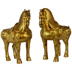 Pair of Chinese Orientalist Design Gilt Bronze Royal Horses Elaborately Detailed